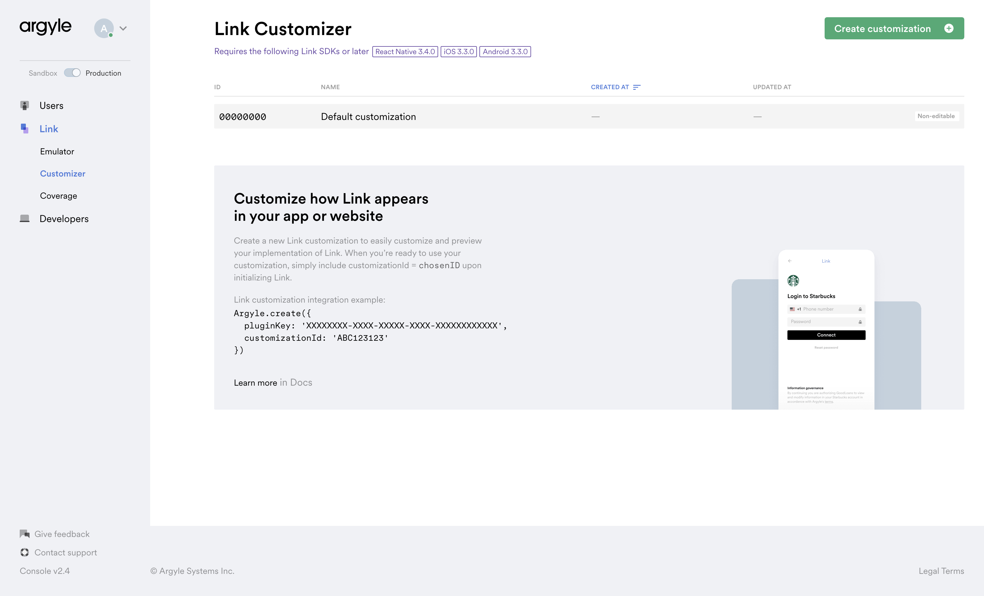 Click 'Create customization' to get started.