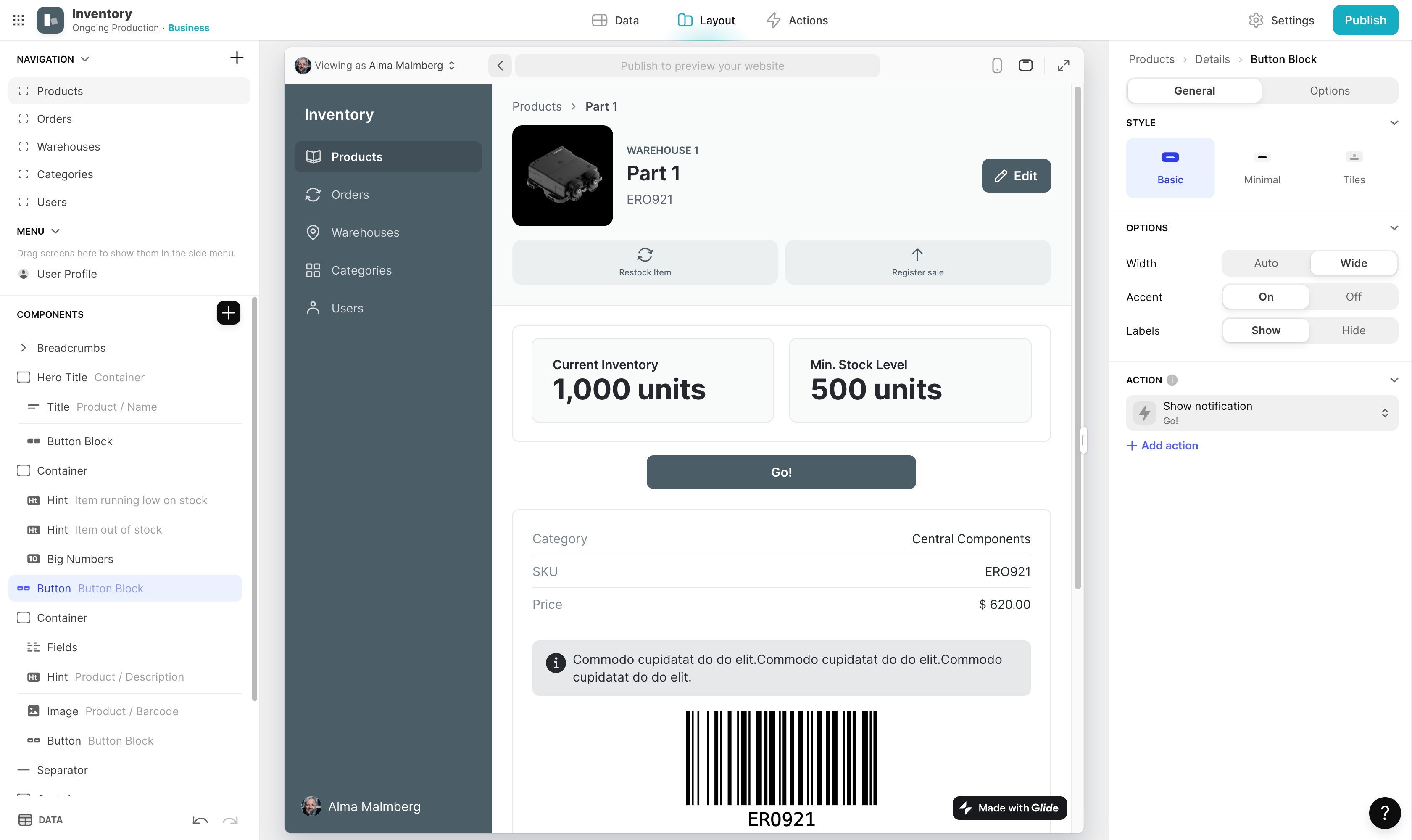 Select the component you want to add the action to.