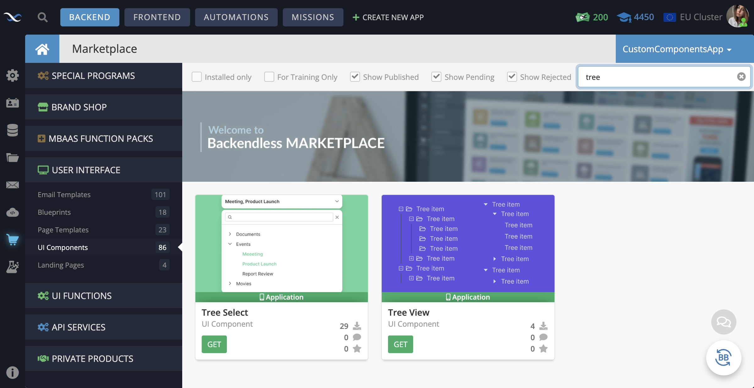 In your Backendless App, go to the Marketplace -> User Interface tab and install the Tree Select component