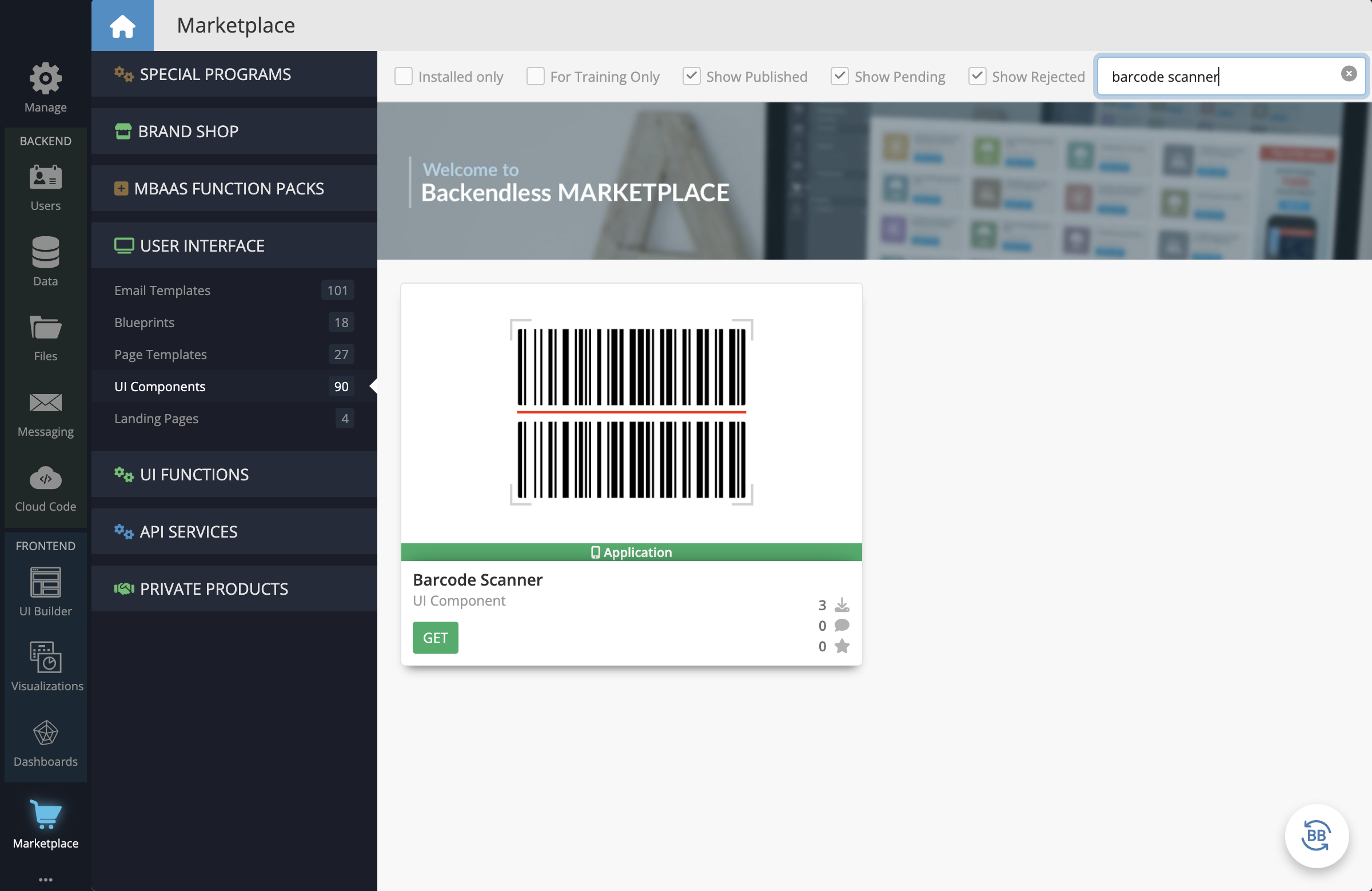 In your Backendless App, go to the Marketplace -> User Interface tab and install the Barcode Scanner component