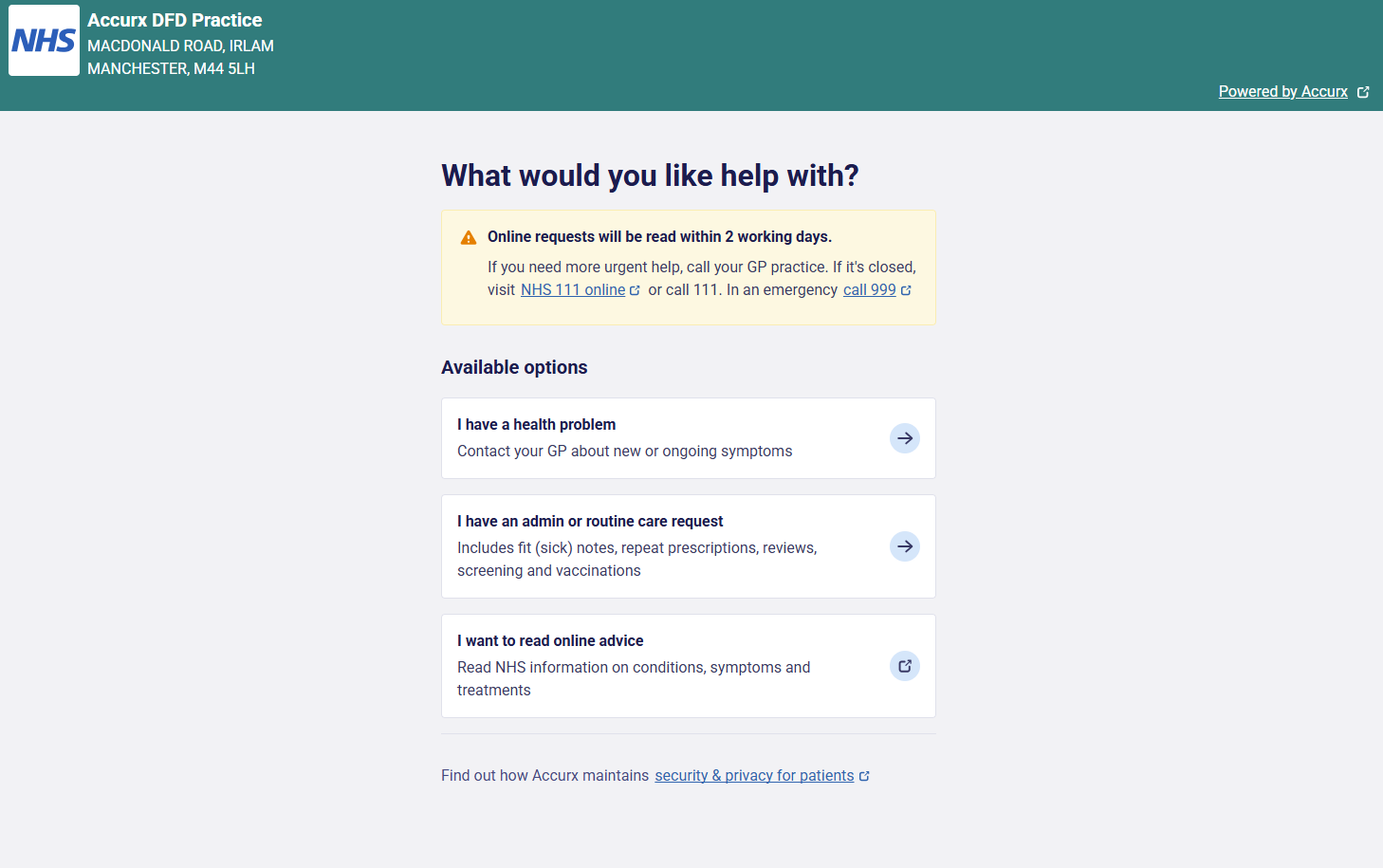 Check the practice name to ensure you are submitting a request for the practice you are registered at.