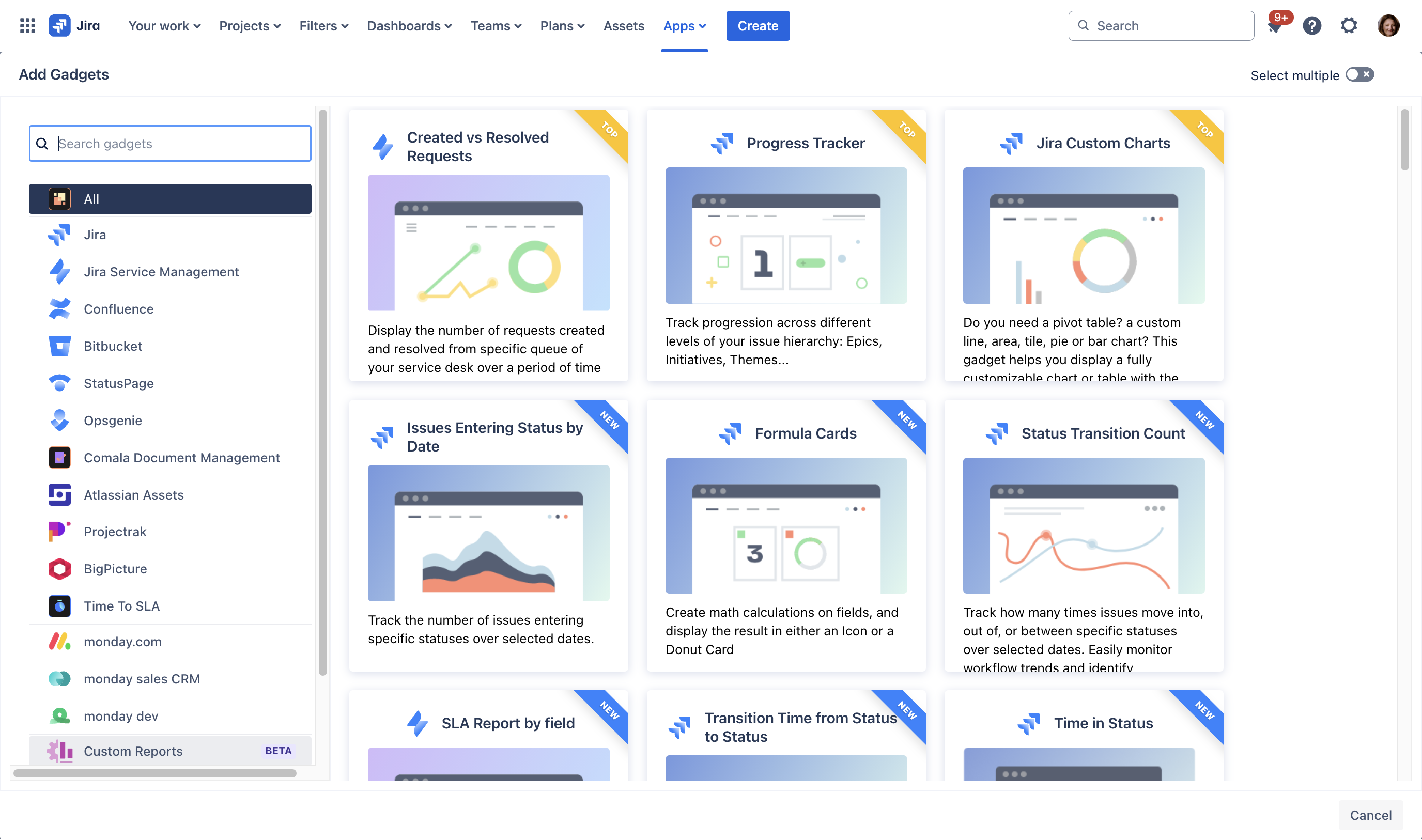 Select **Custom Reports** in the side panel. 