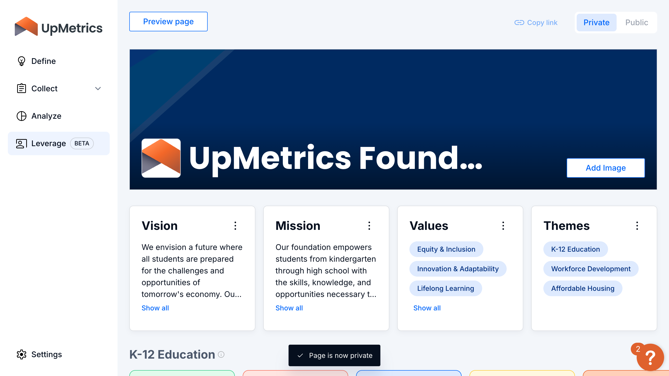 The org profile, which details your org's mission and vision as well as displaying your impact framework, can be made public and shared with stakeholders.