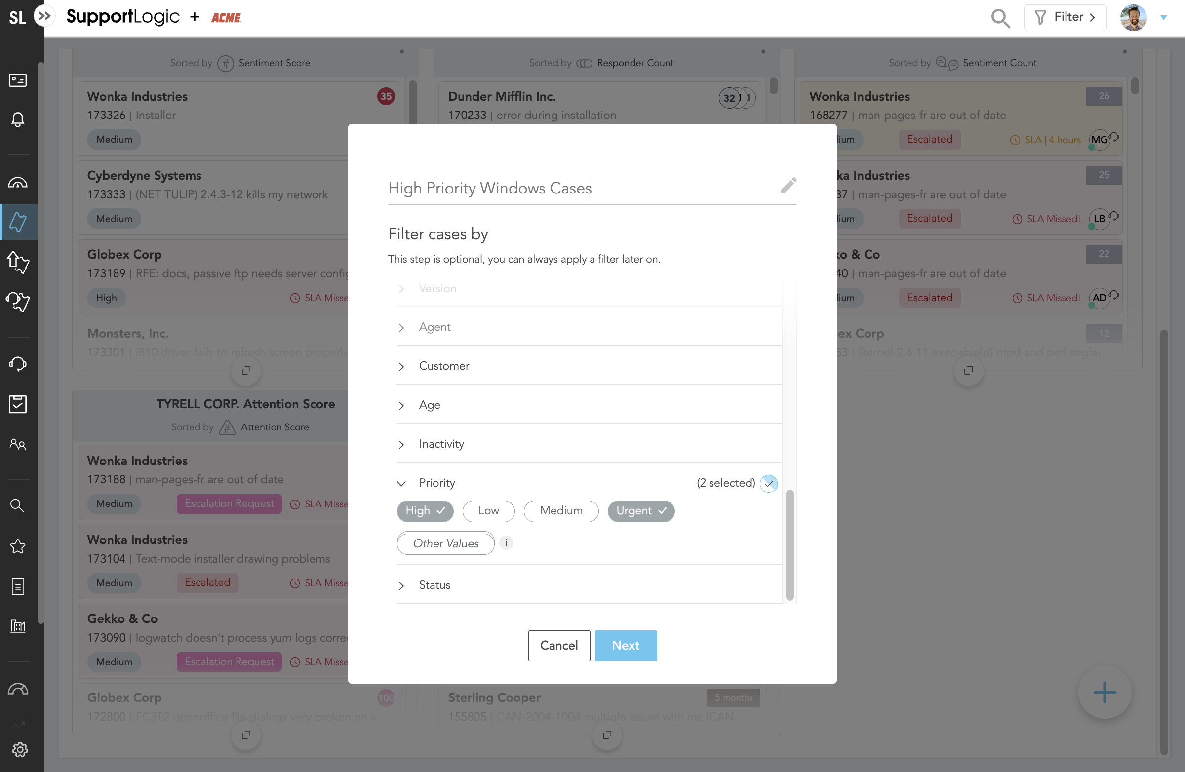 Use a complete range of filters to create a pinpointed group of cases.

This example looks at High Priority cases involving a product rolled out on the Windows platform.