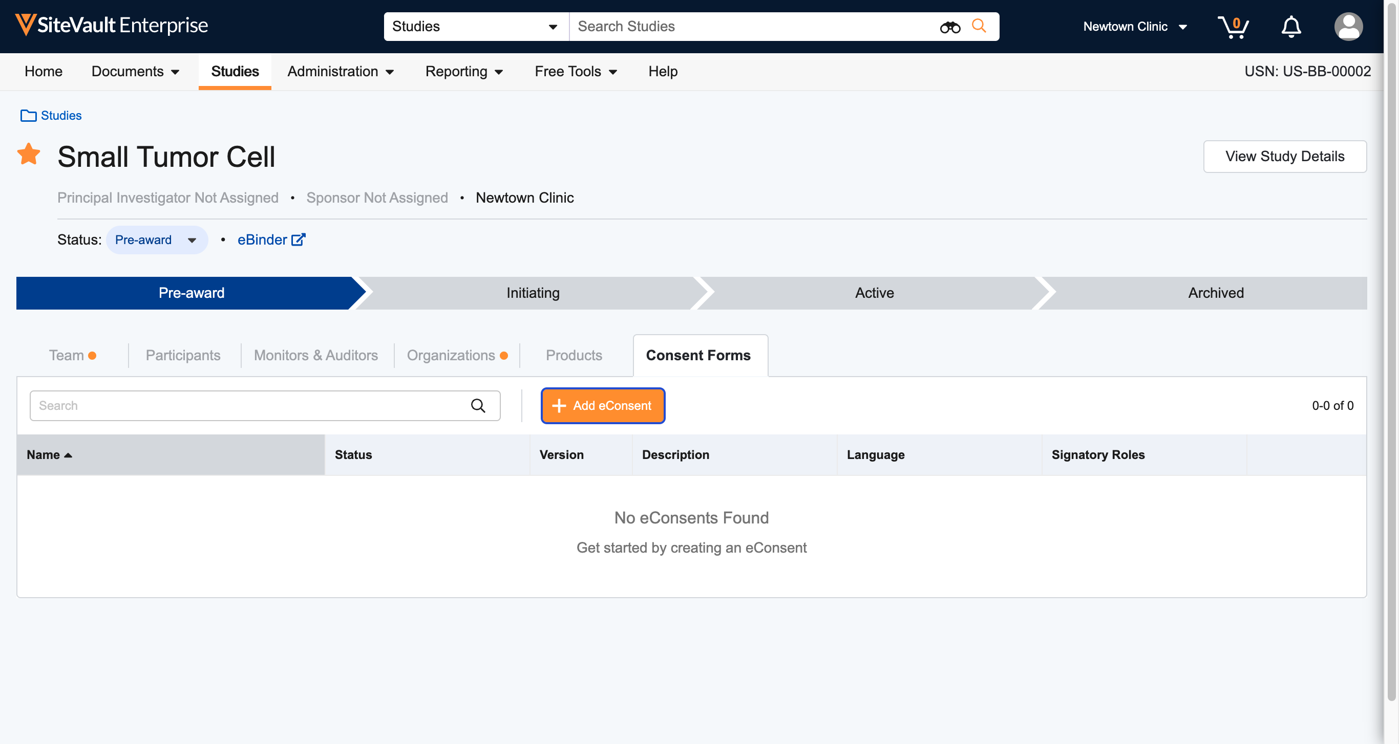 Navigate to the Study, 
Consent Forms tab, 
Select **+Add eConsent**
If you do not have this tab use the **View Study Details** to enable eConsent.