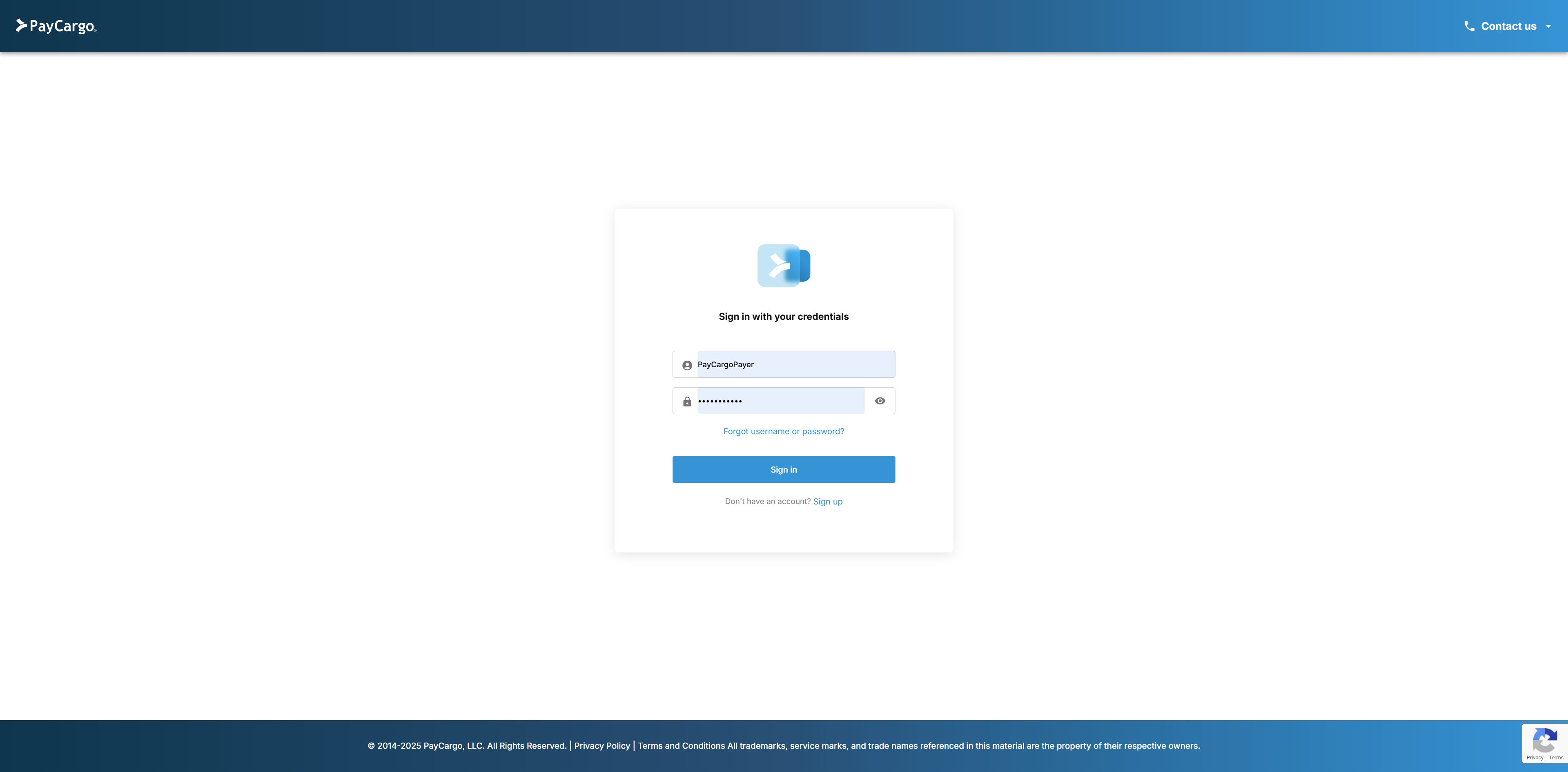 Sign in to your PayCargo account at https://go.paycargo.com/
 and enter the username and password you created during registration.