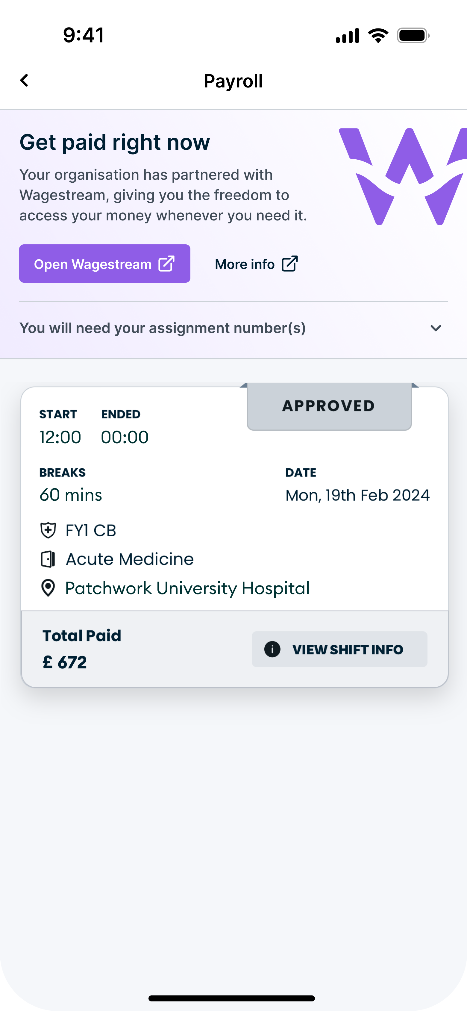 Through our app, Patchwork offers clinicians in participating organisations quick access to the financial and wellbeing benefits of Wagestream.