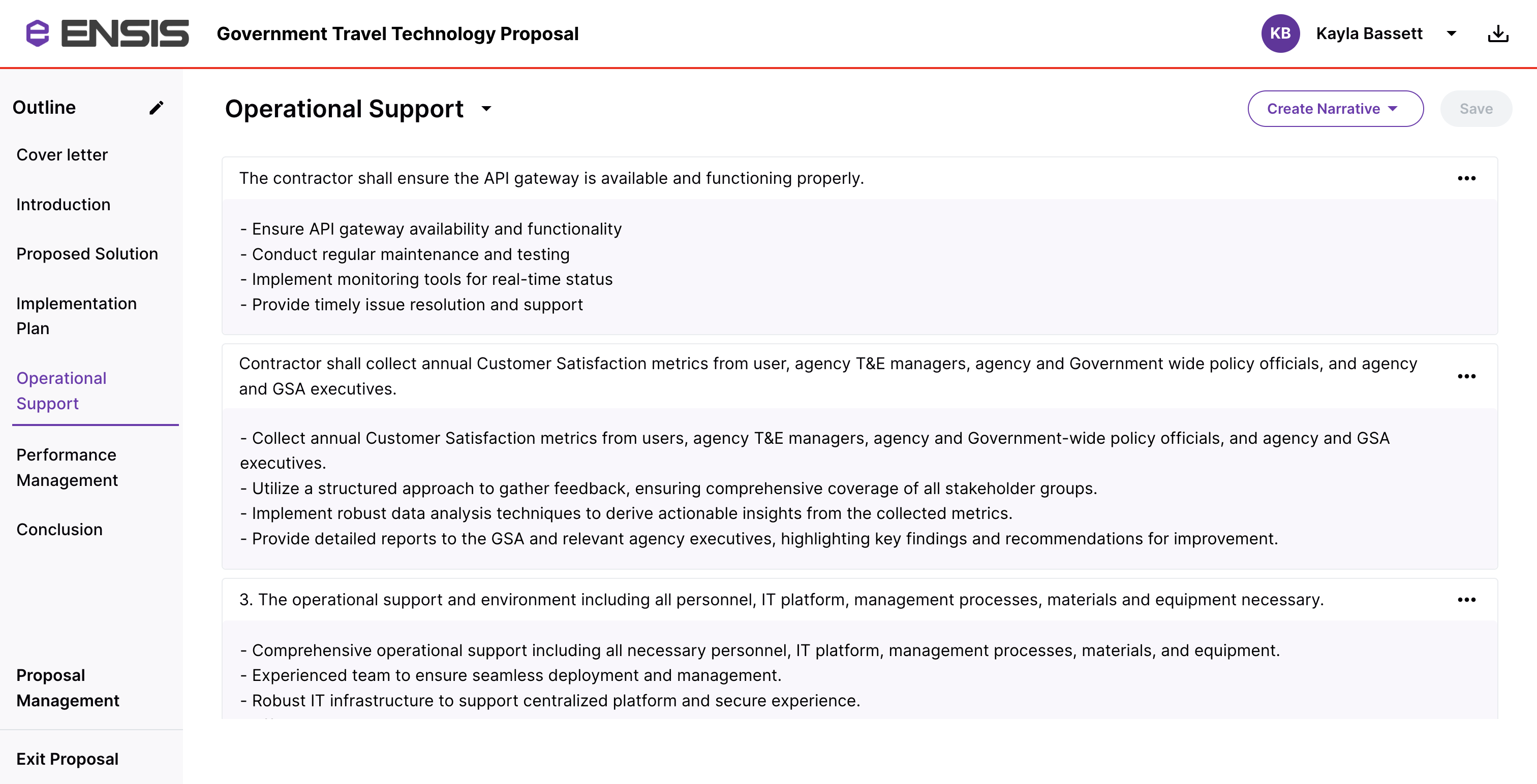 In Outline View, easily provide responses and context for each key requirement, streamlining your proposal preparation.