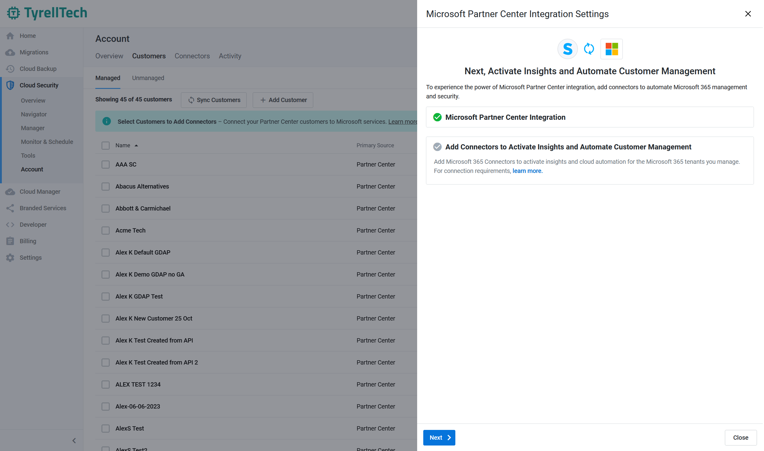 Add customers and connect manually to their M365 tenants, or activate Partner Center Integration to synchronize customers and activate connections for all of them at once.