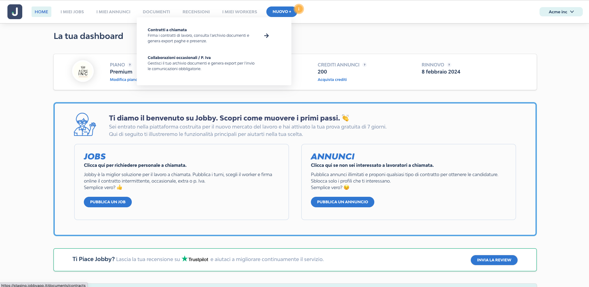 La sezione documenti di Jobby è divisa in "Contratti a chiamata" e "Collaborazioni occasionali / P. Iva", clicca per proseguire