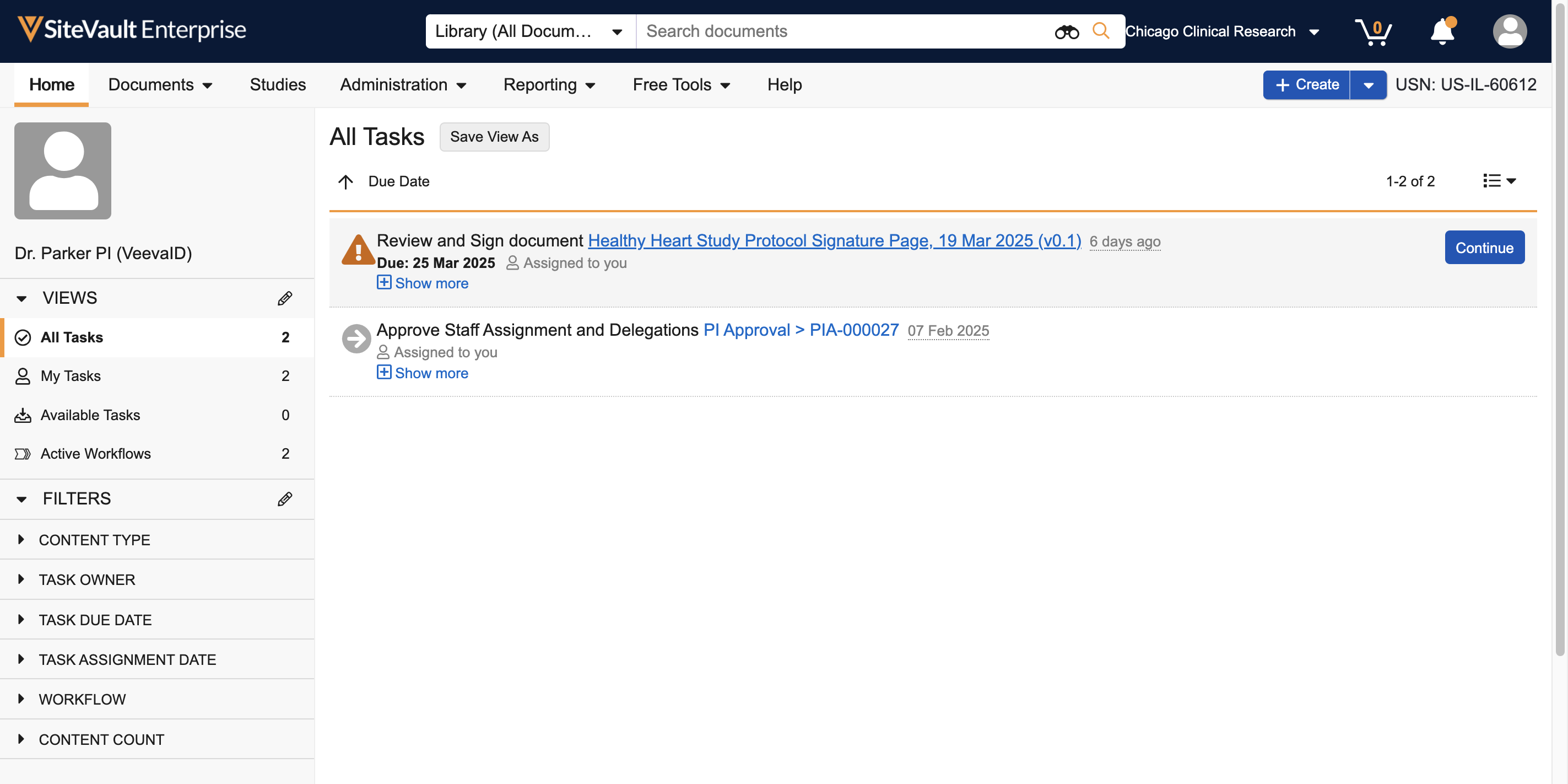 After receiving an **eSignature** request the related **Task** is accessible via the **Home** page

*Note: Notification of the eSignature request will be sent via email and via the Notification Bell in SiteVault, with links directly to the related document.*