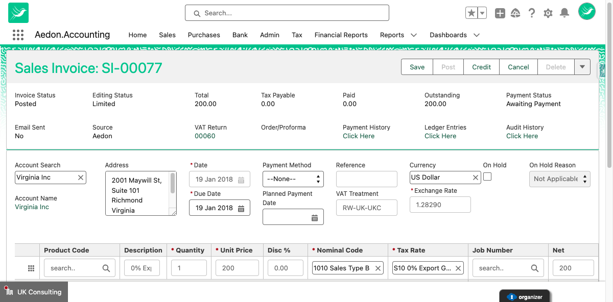 In the Header of the Invoice, if the transaction has been included in a VAT Return, a Hyperlink to the VAT Return will be present on the Invoice.