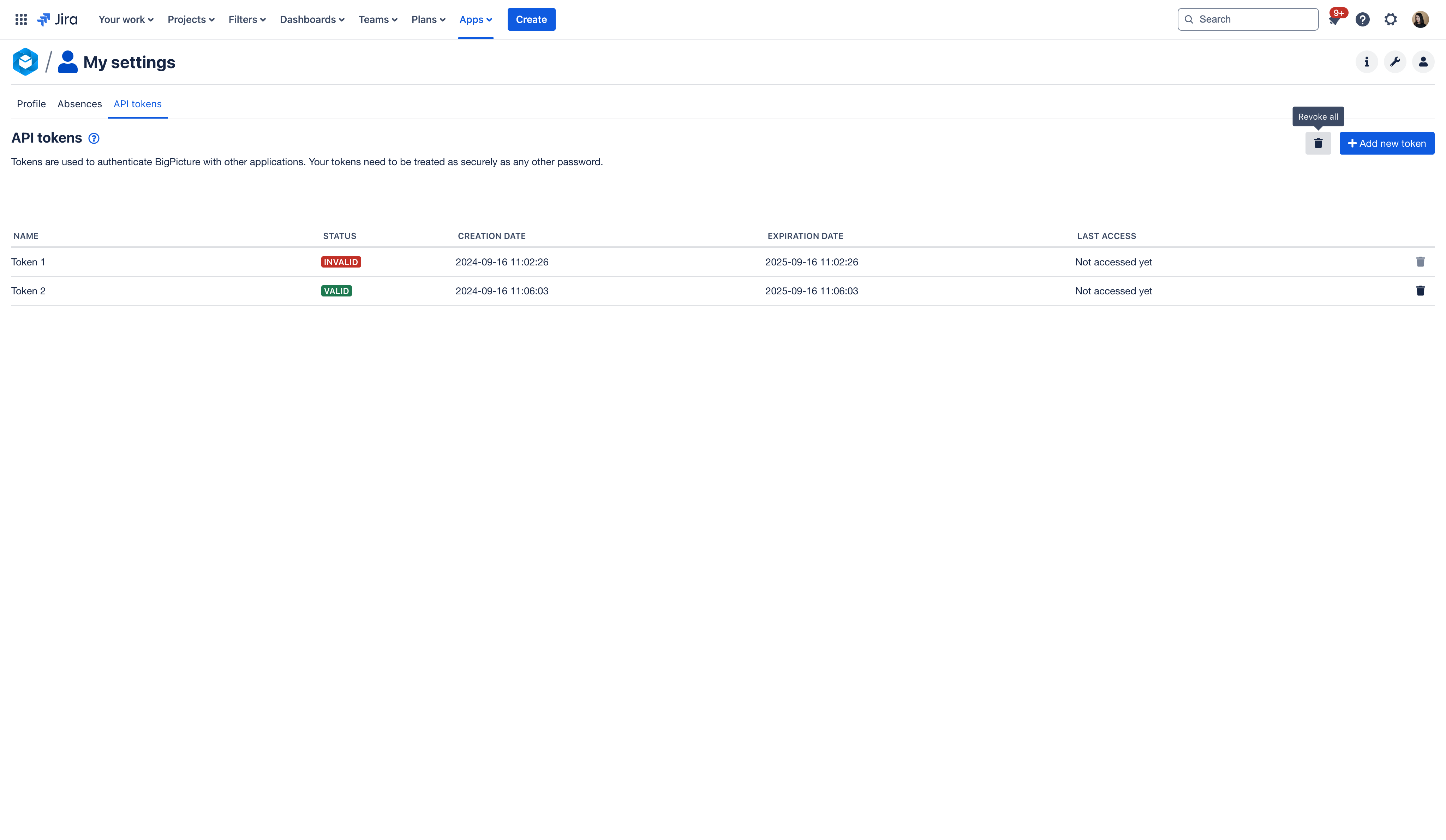 To revoke all API tokens, click **Revoke all**