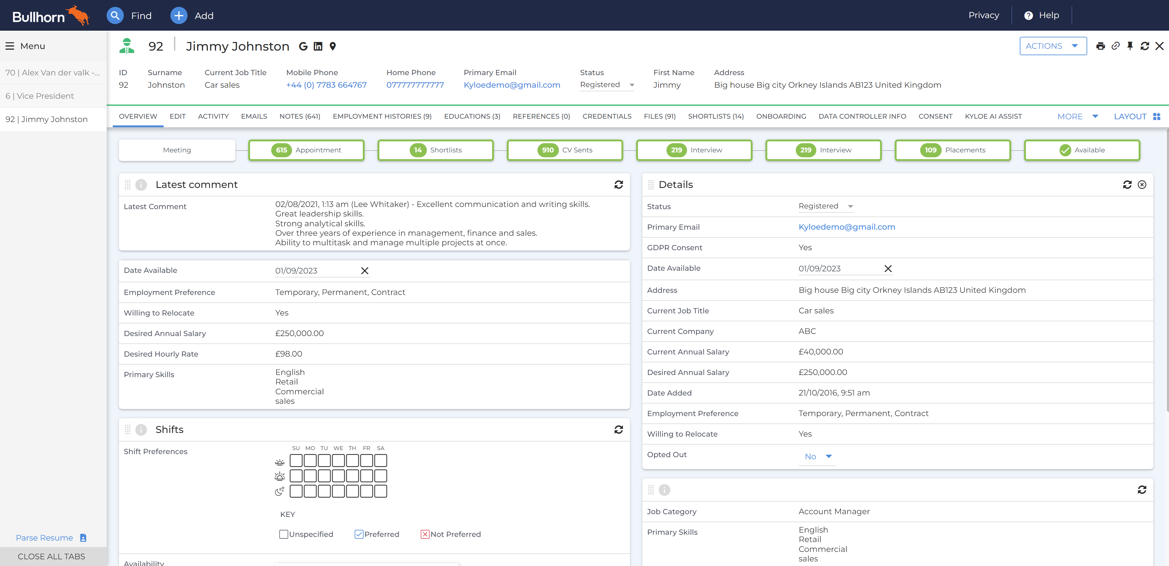 From any candidate or job record simply go to the "Actions" menu...