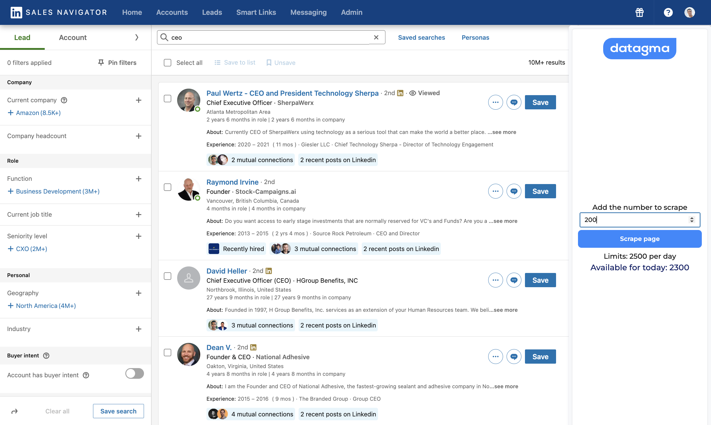 Click here to transform this LinkedIn search page into a CSV file.
