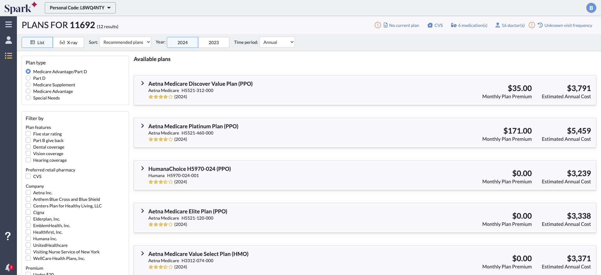 Client data auto-populates in the top right. You can view plan listings for all your Ready to Sell carriers, sorted by AI generated rating to best fit your clients coverage needs.