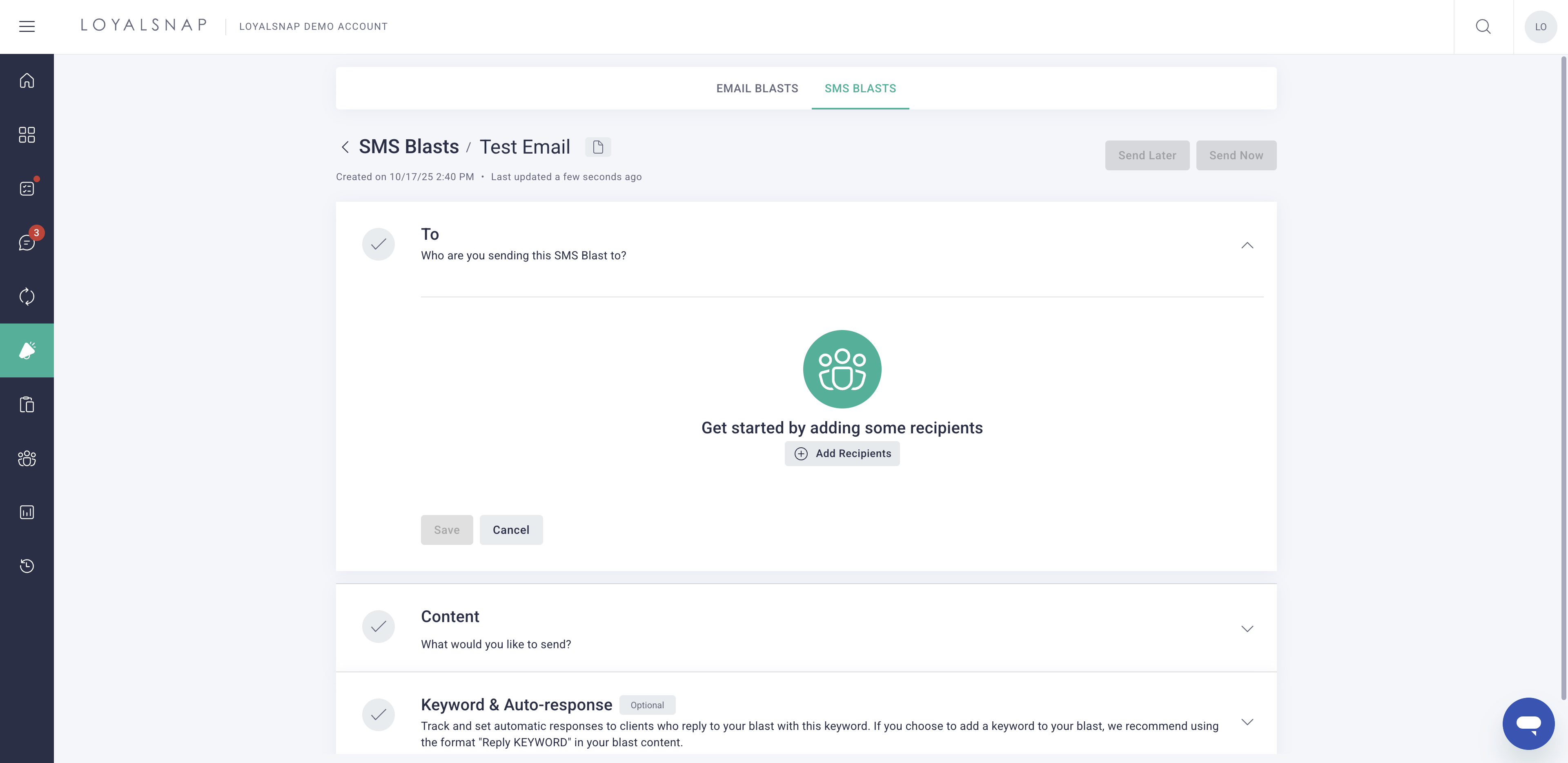 **Add recipients** by choosing a preset group or by creating your own custom filters.