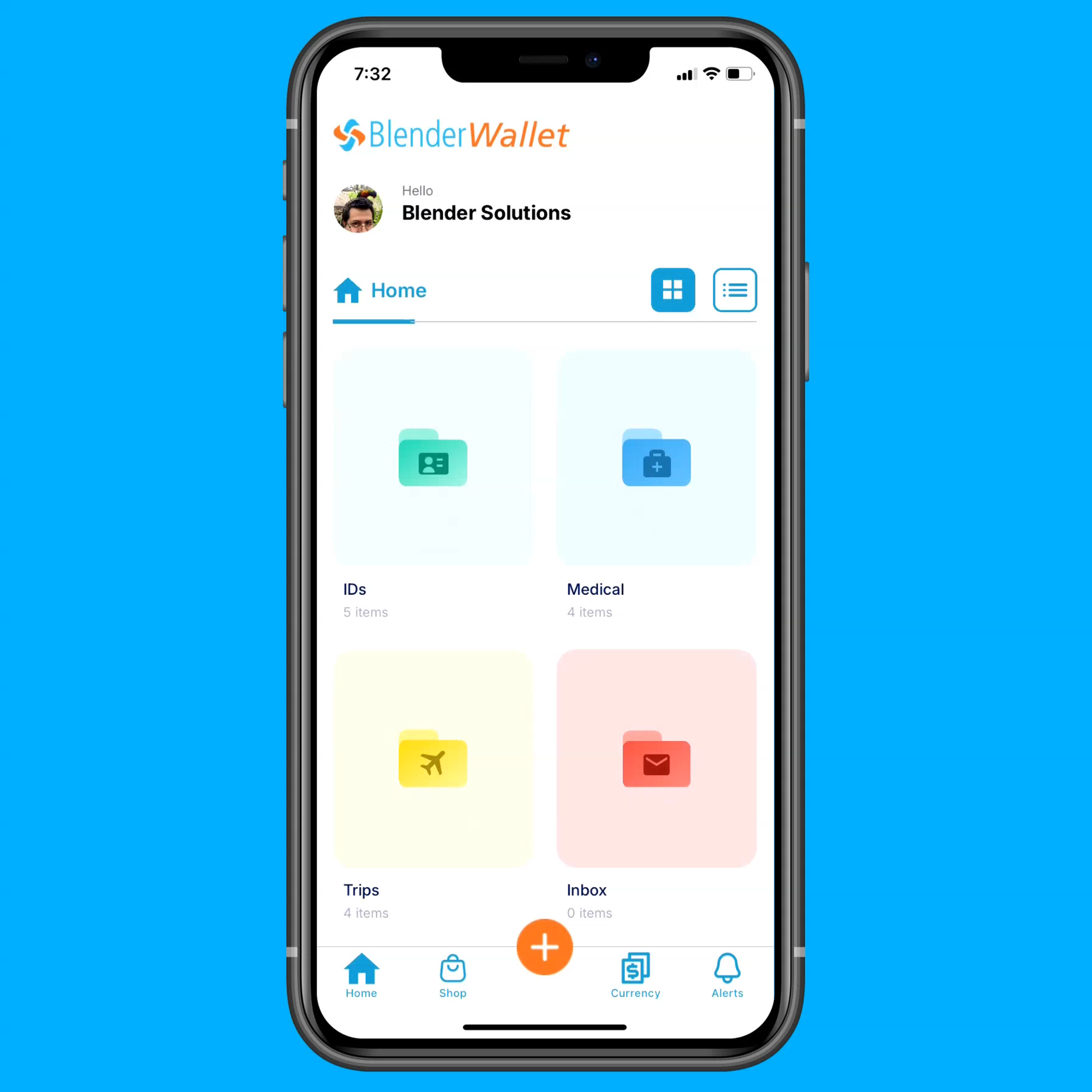 **BlenderWallet** comes with four **preset folders**. The **IDs Folder, Medical Folder, Trips Folder, and Inbox Folder.** Click on the ID folder.