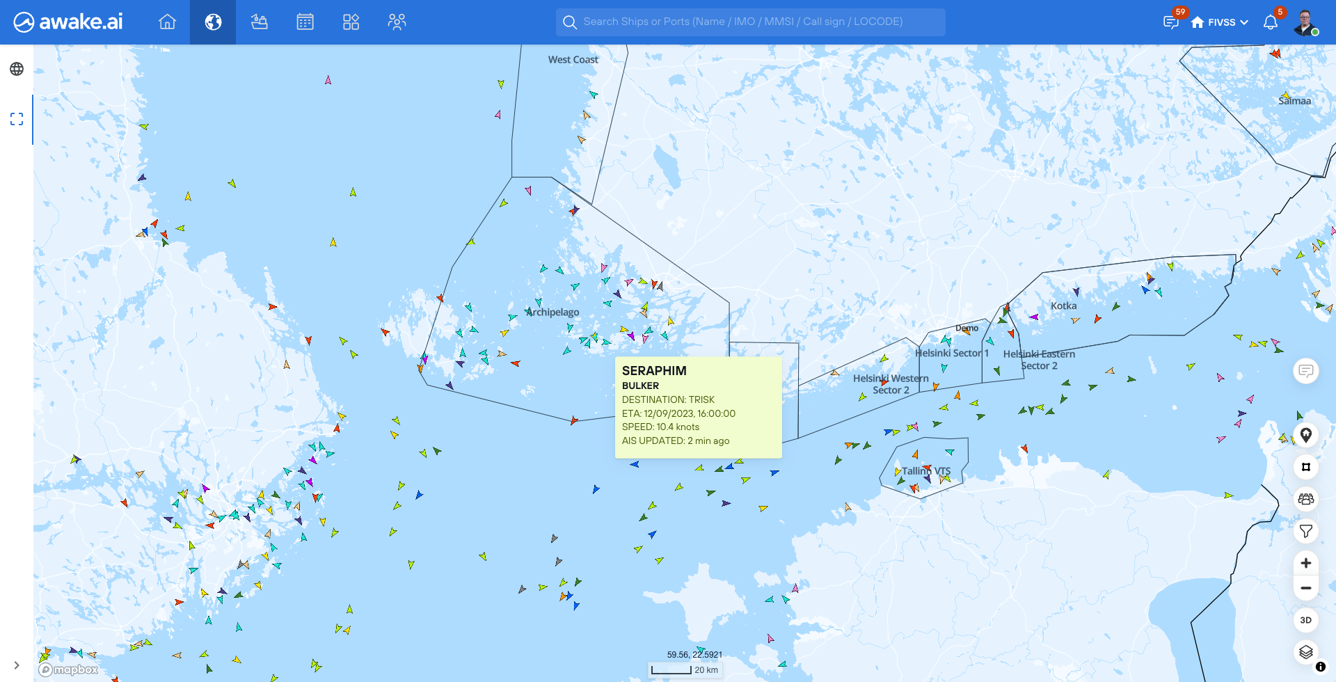 Hover over vessels to see key information. Click on a vessel to view vessel card with more information