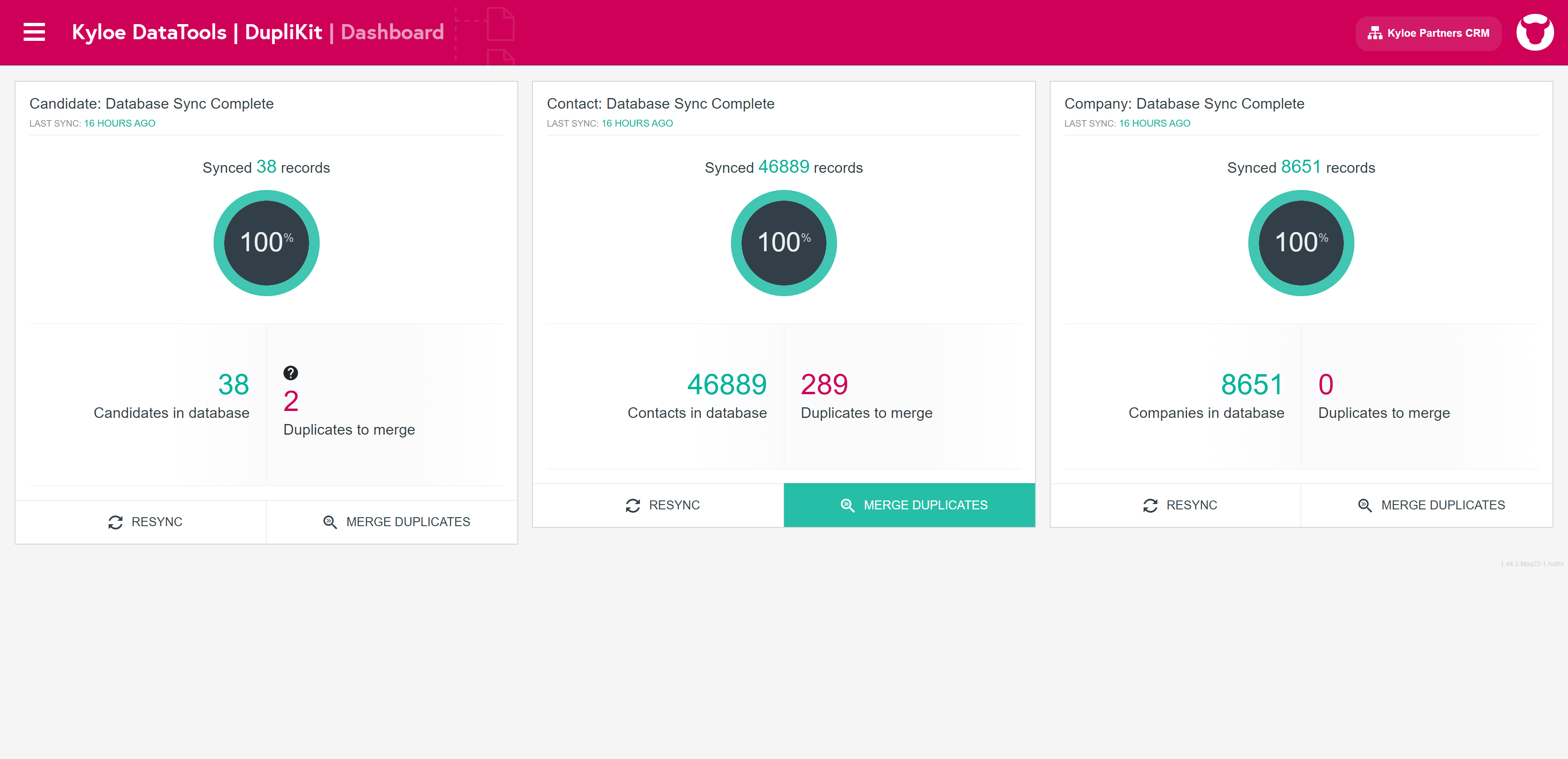 Our dashboard identifies duplicates across three entities within Bullhorn: Candidate, Contact and Company.