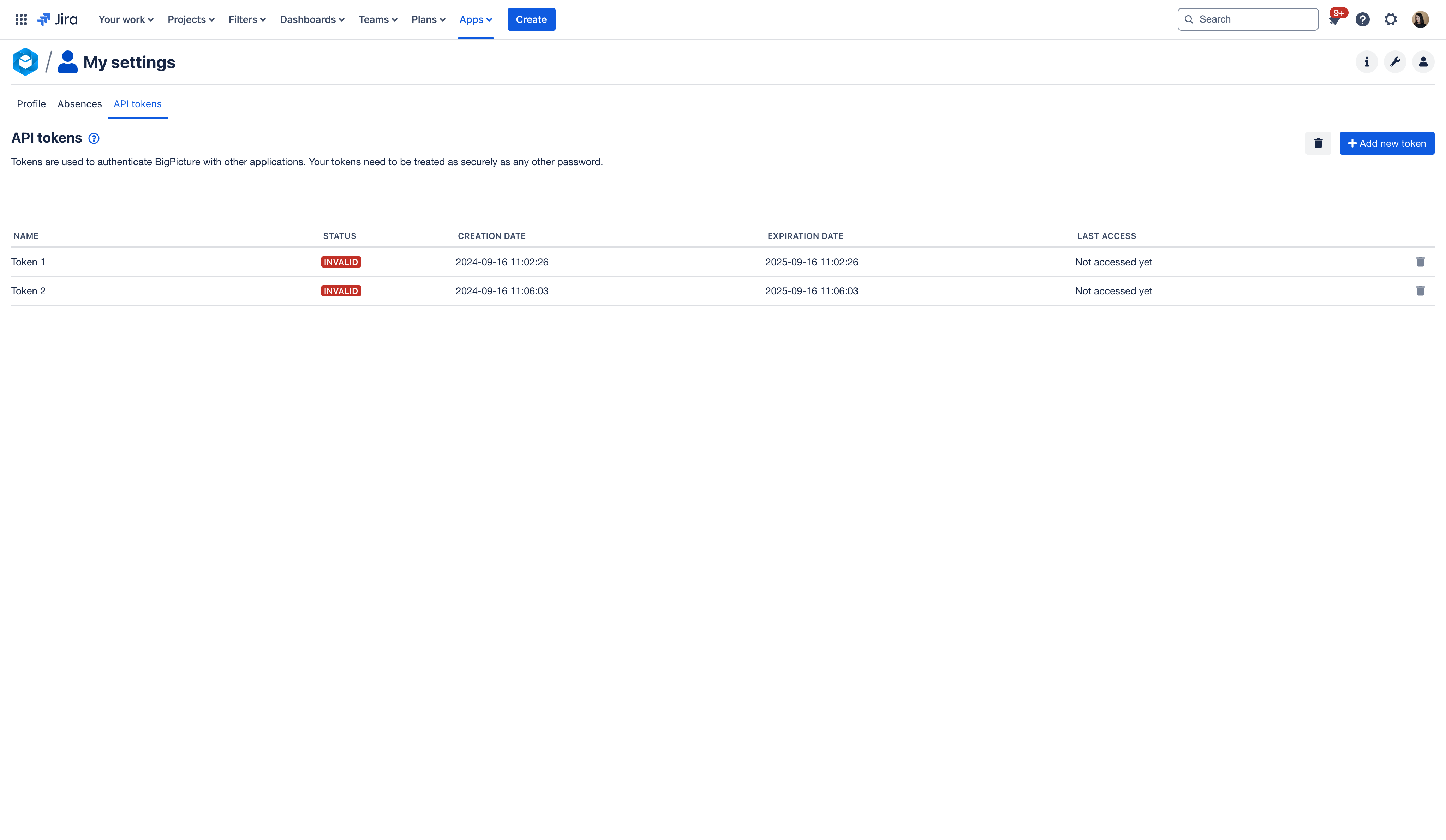 The **Status** of all API tokens changes to **INVALID**