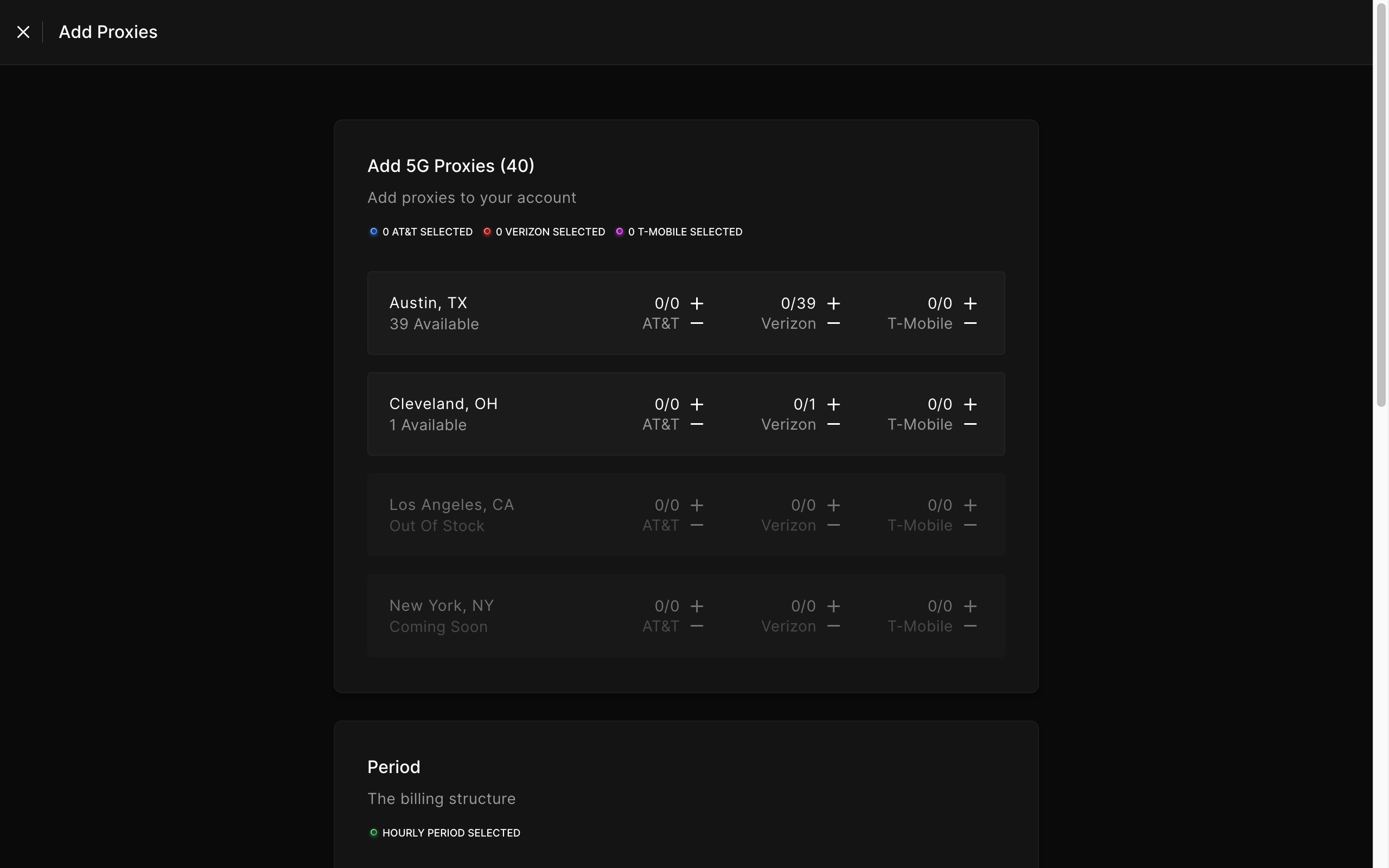 Below you'll se "Location" stock cards. On each, you'll see the available proxies for each location.