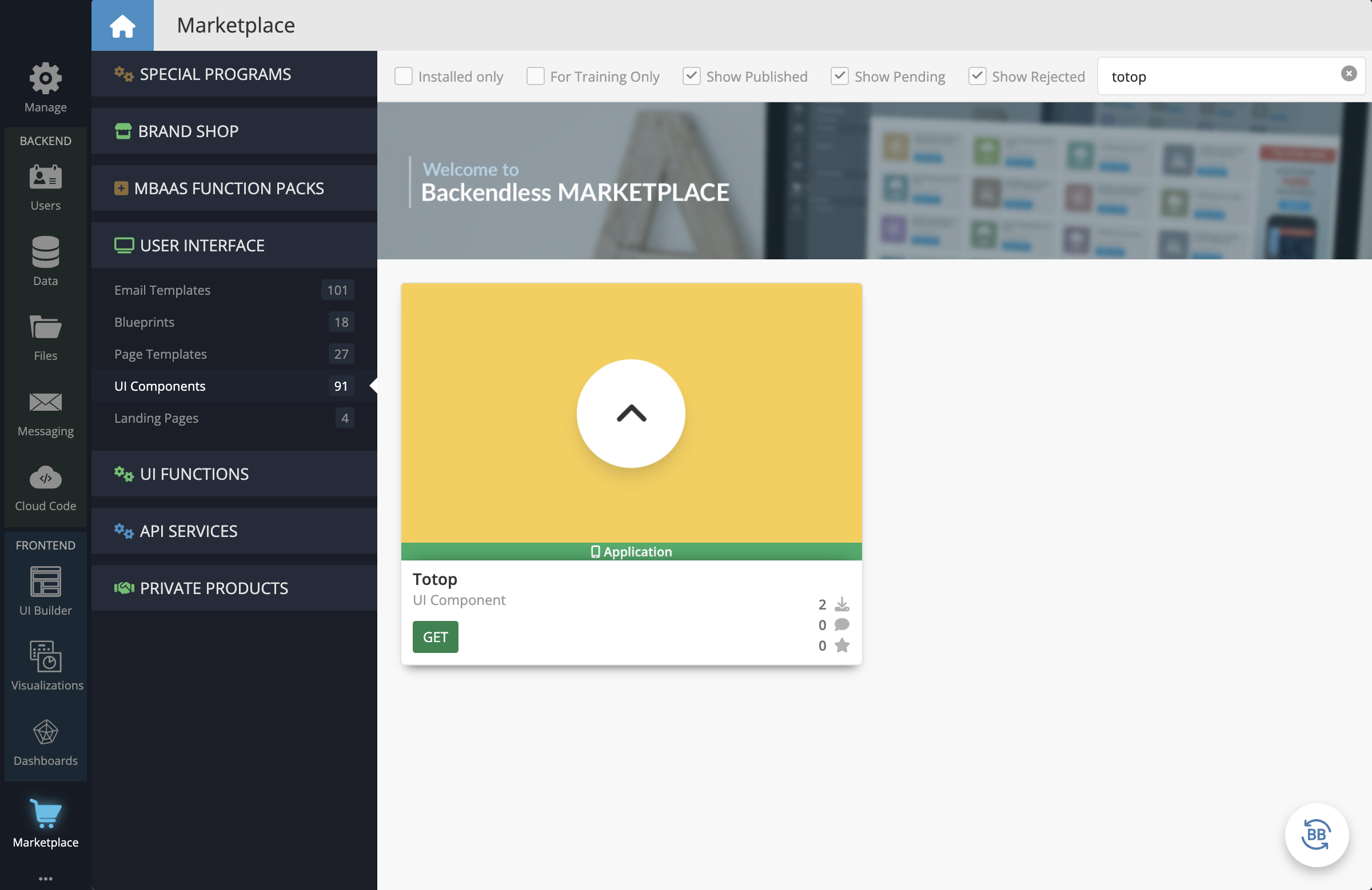 In your Backendless App, go to the Marketplace -> User Interface tab and install the Totop component