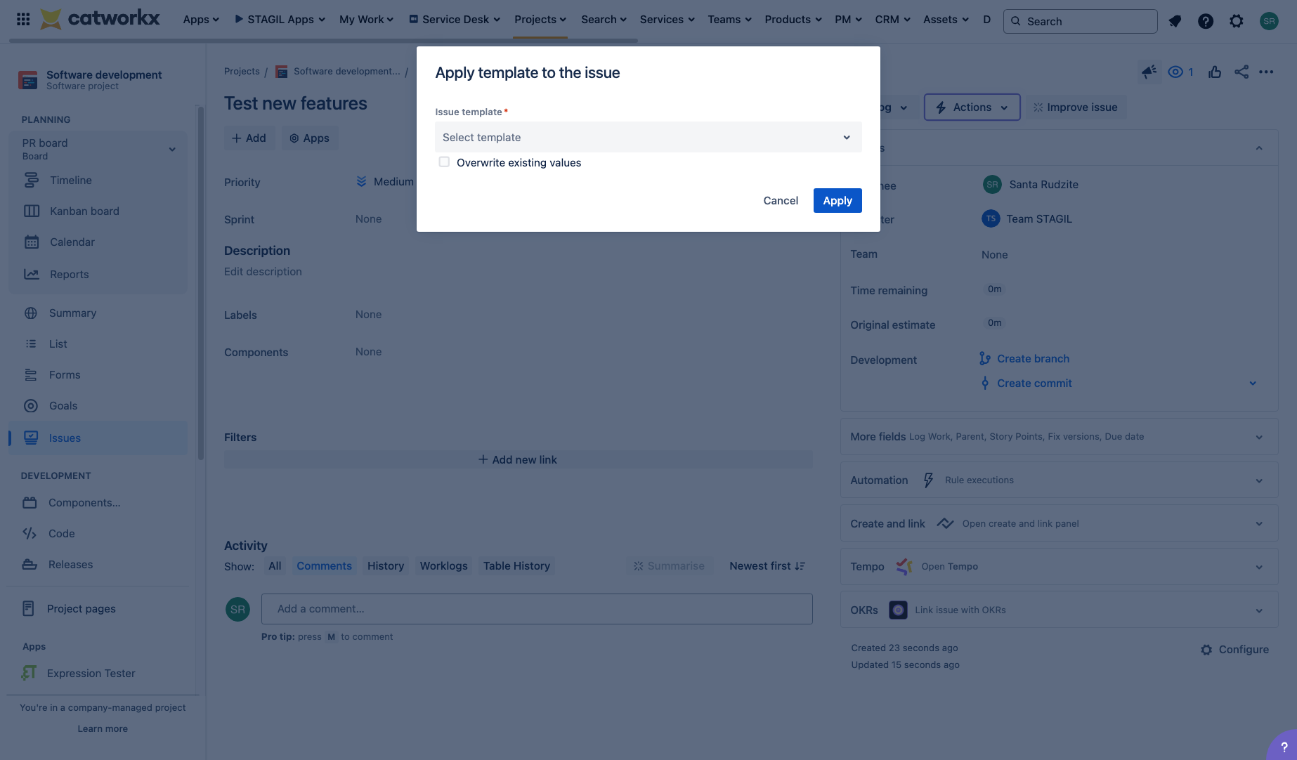 Click on the field to open the list of available templates.