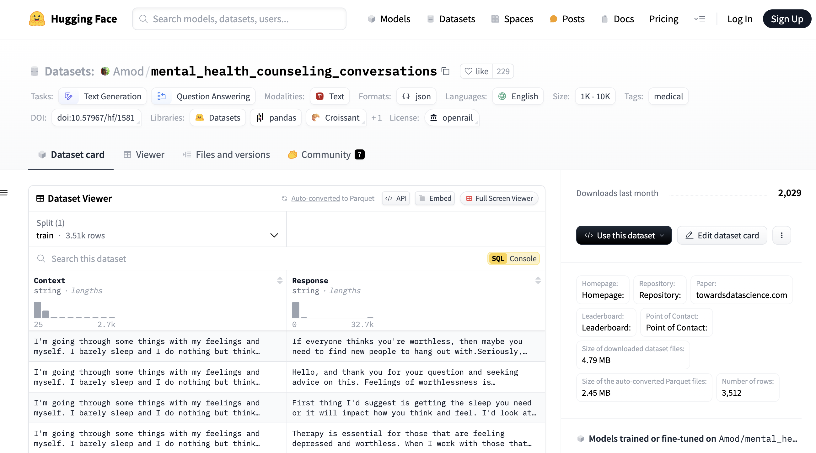 First, prepare the dataset compatible to HuggingFace Datasets: https://huggingface.co/datasets/Amod/mental_health_counseling_conversations