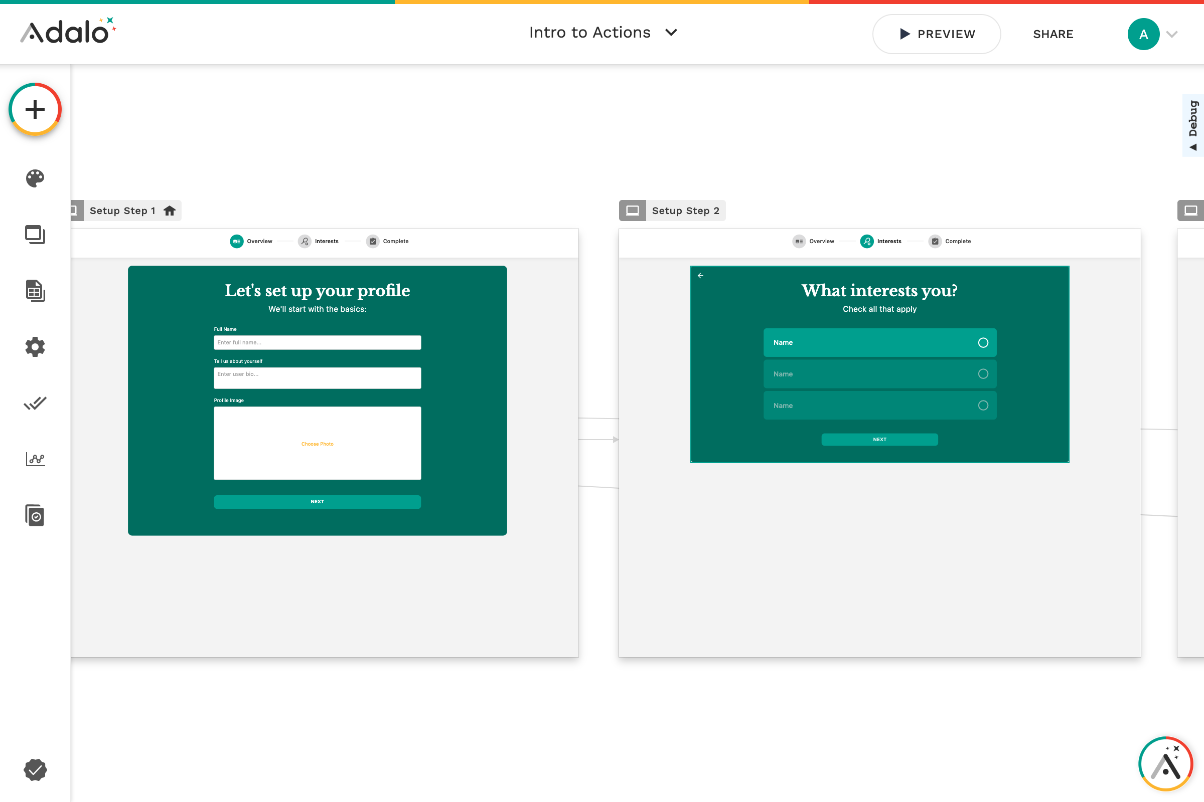 'Actions' are how you add interactivity to your app. 

Actions can interact with the database, move users to another screen, or perform several other activities.