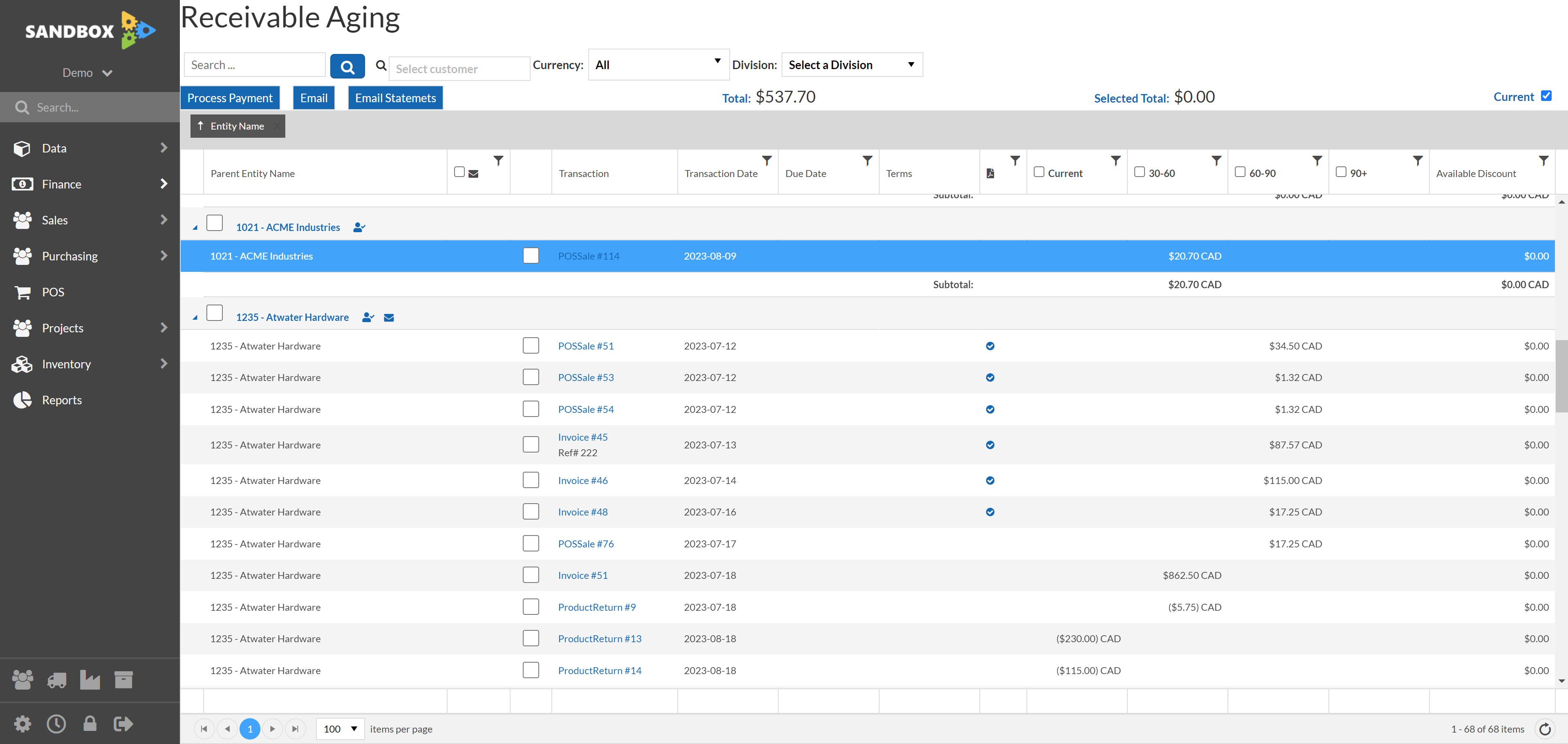 Select customer transactions to send by email