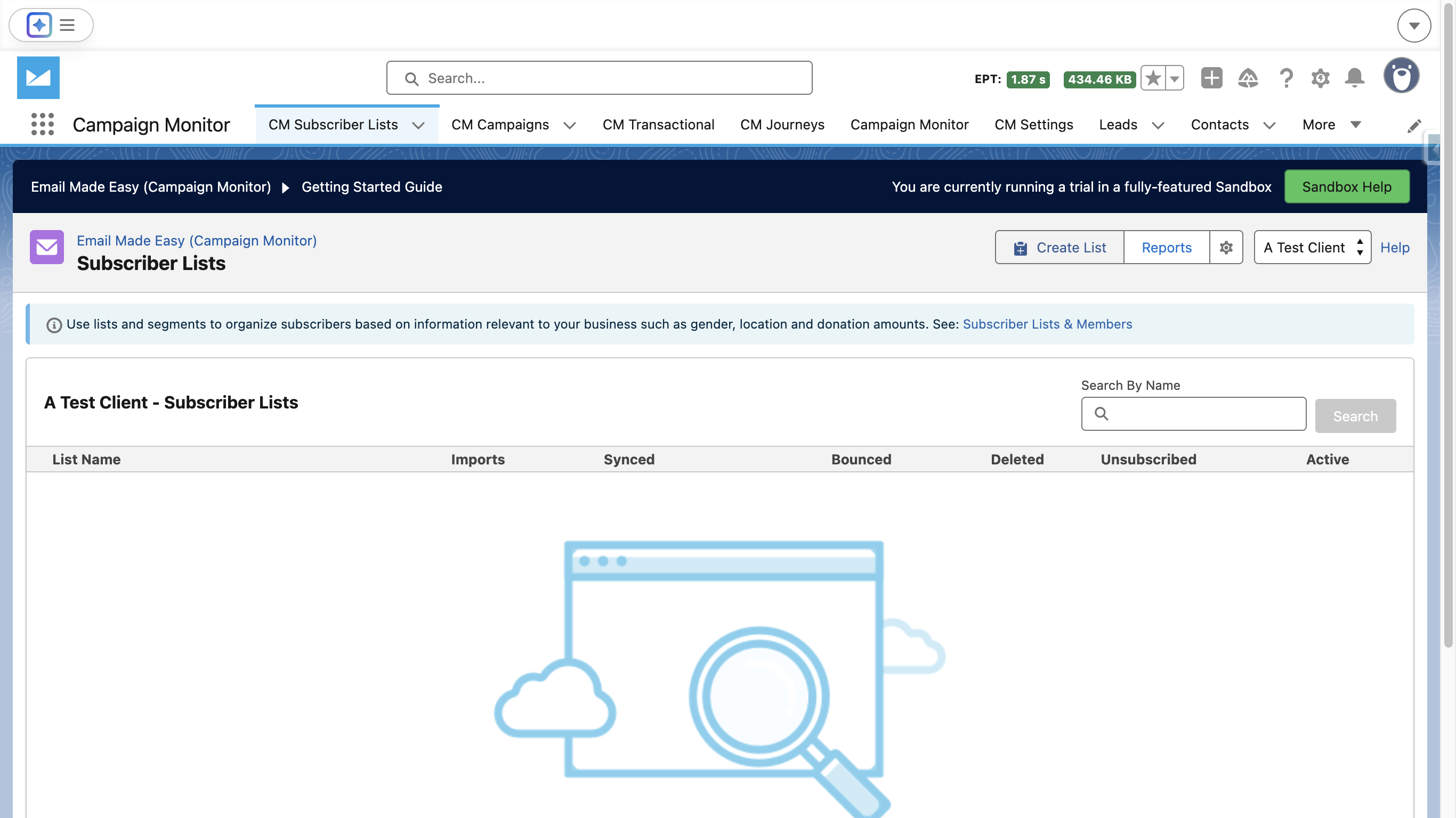The subscriber list tab shows your Campaign Monitor lists. You can also create new lists directly from Salesforce.