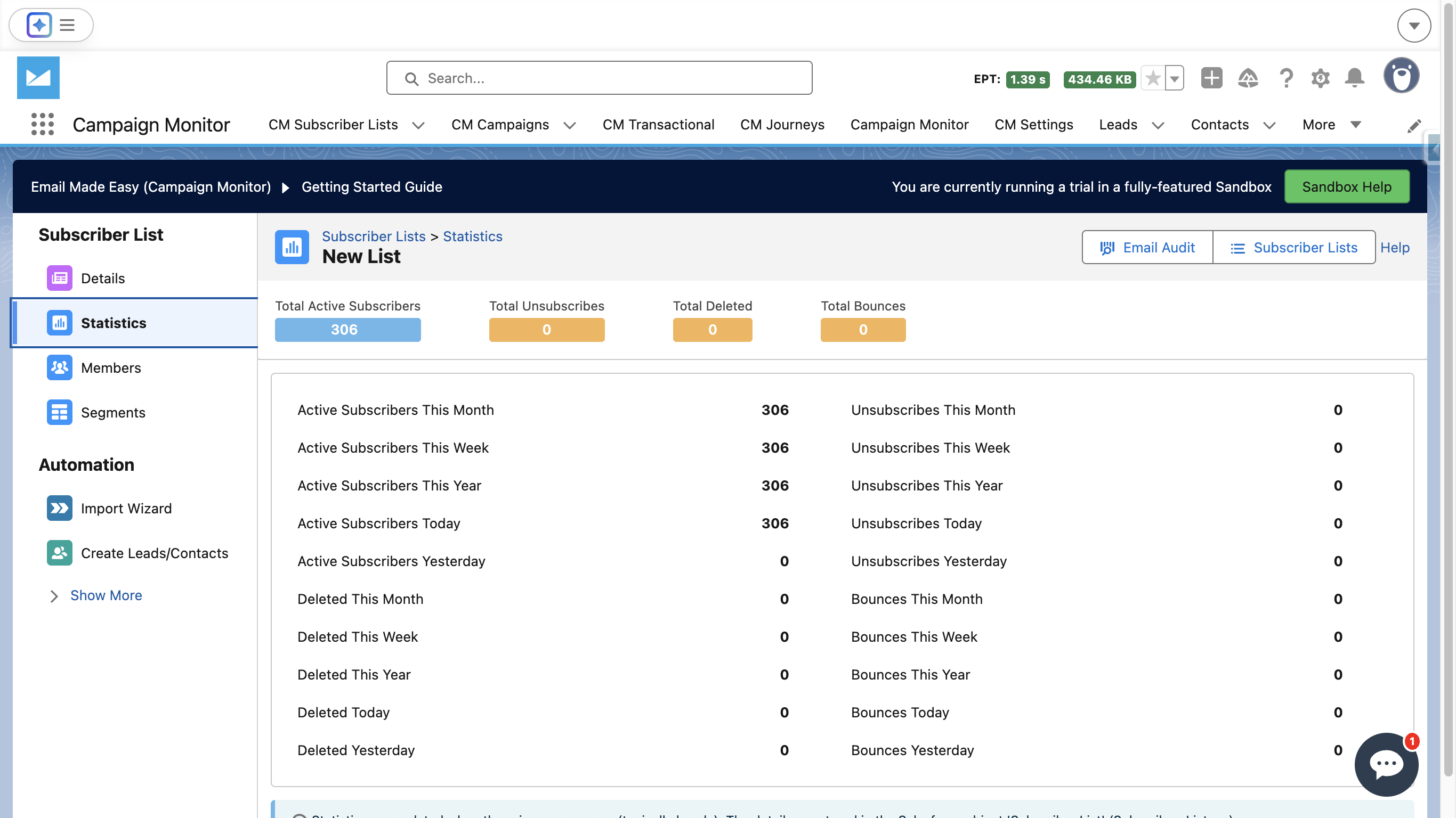 The Statistics screen provides a summary of a subscriber list’s key metrics, including total active subscribers, unsubscribes, bounces, and deletions. 