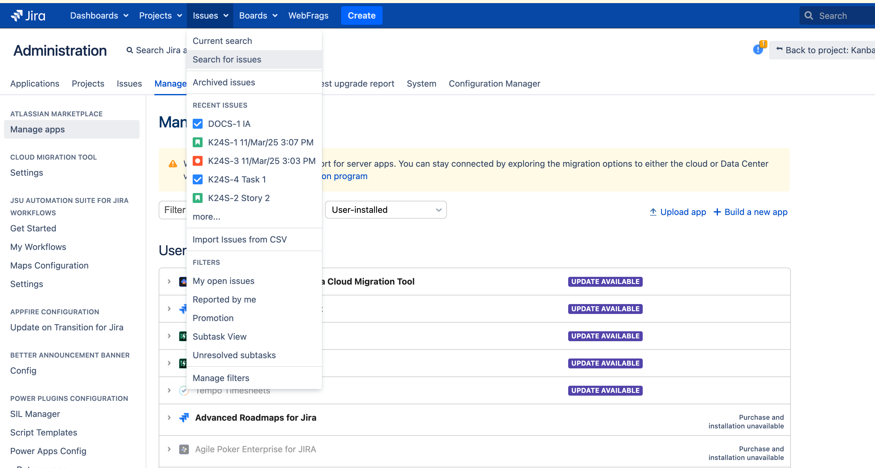 In Jira, select **Issues** > **Search for issues**