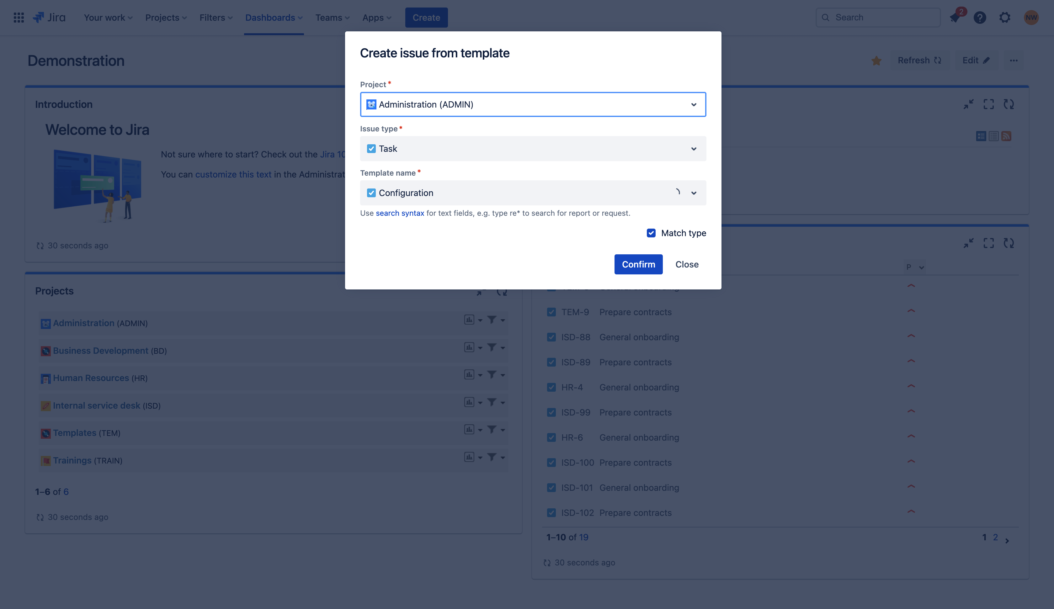 Choose target project, issue type, and your template