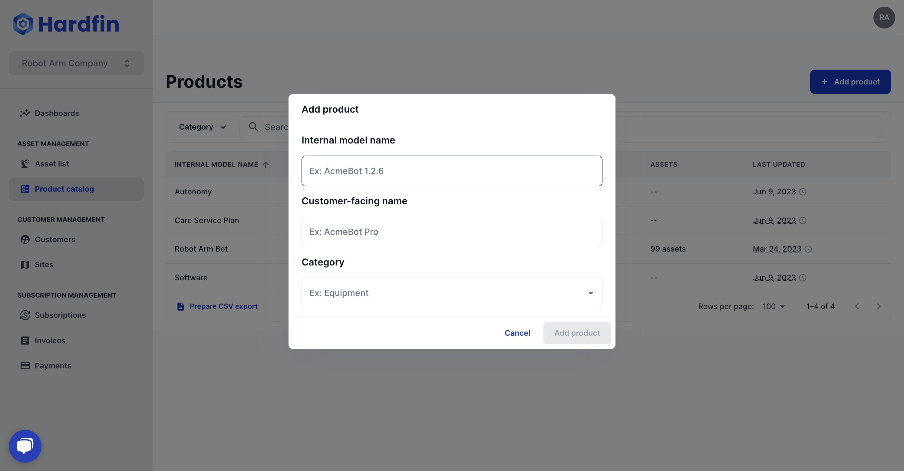 Enter the internal model name, the customer-facing name, and select the category to create the product