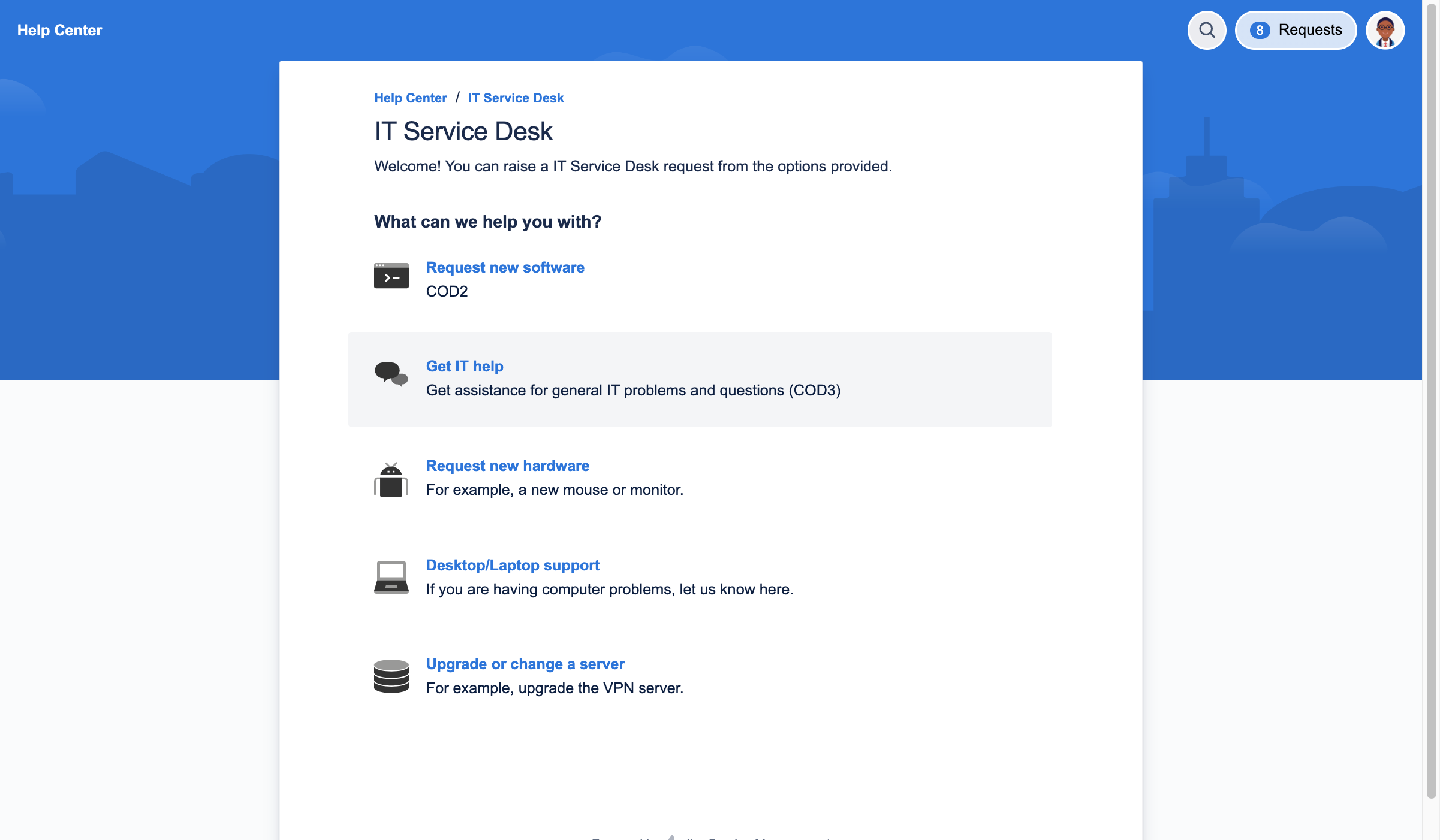 Carlos raises a ticket on the internal IT Portal available on Jira Service Management.