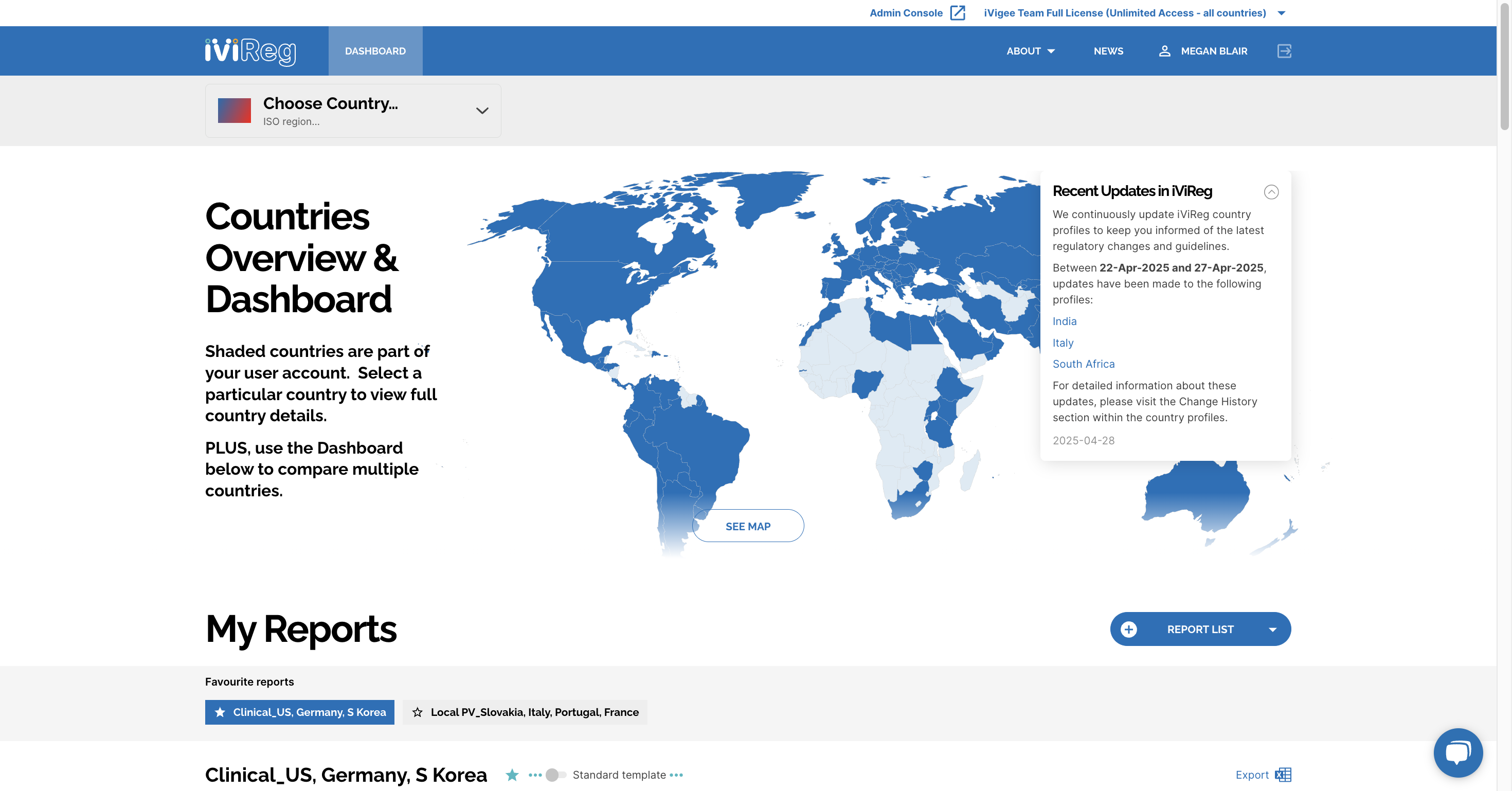 To begin exploring specific countries, select a country on the map or use the *Choose Country* dropdown menu.