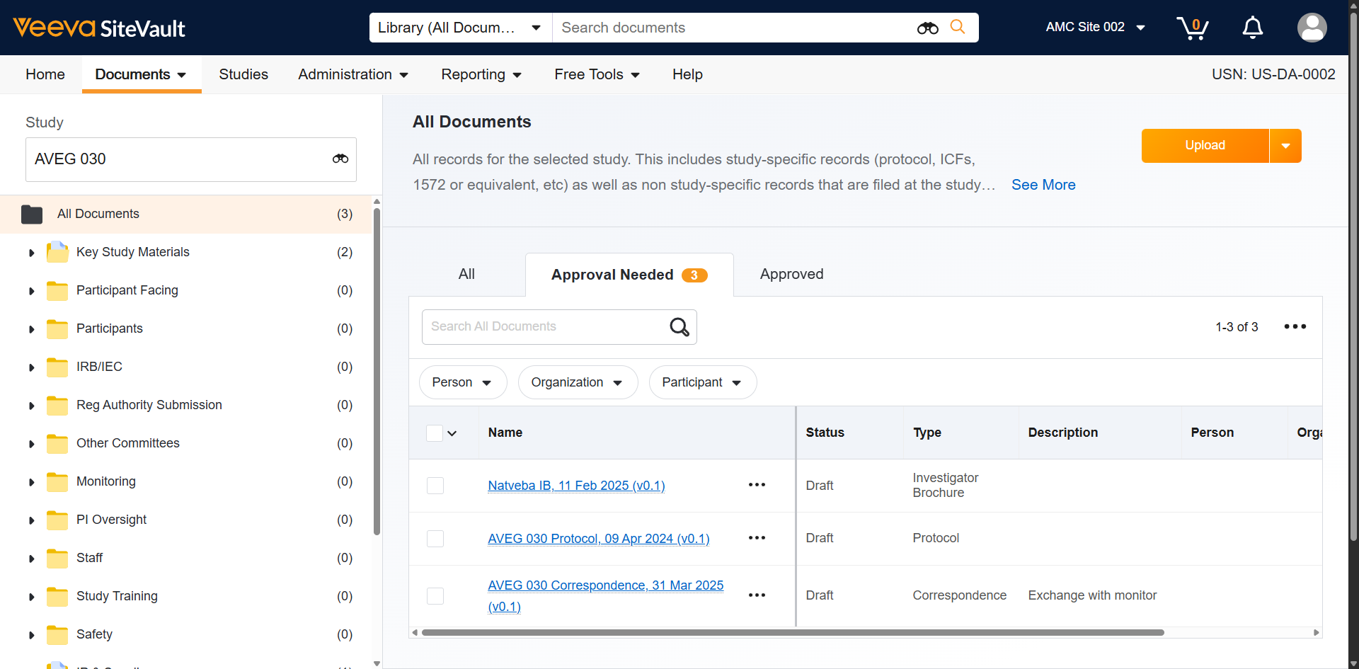 Monitor's can only see **Approved Documents** in SiteVault, to ensure all documents are available for monitor visits

Review documents listed in the **Approval Needed Tab** of the **Study eBinder**