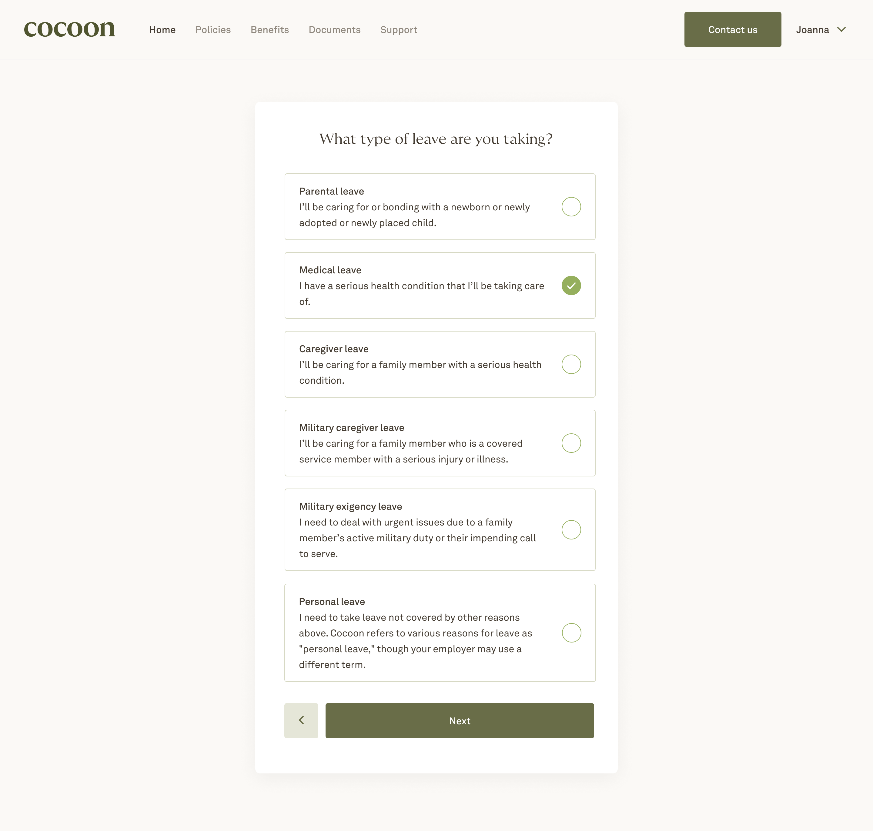 Employees can log into Cocoon to privately plan a fully compliant medical leave