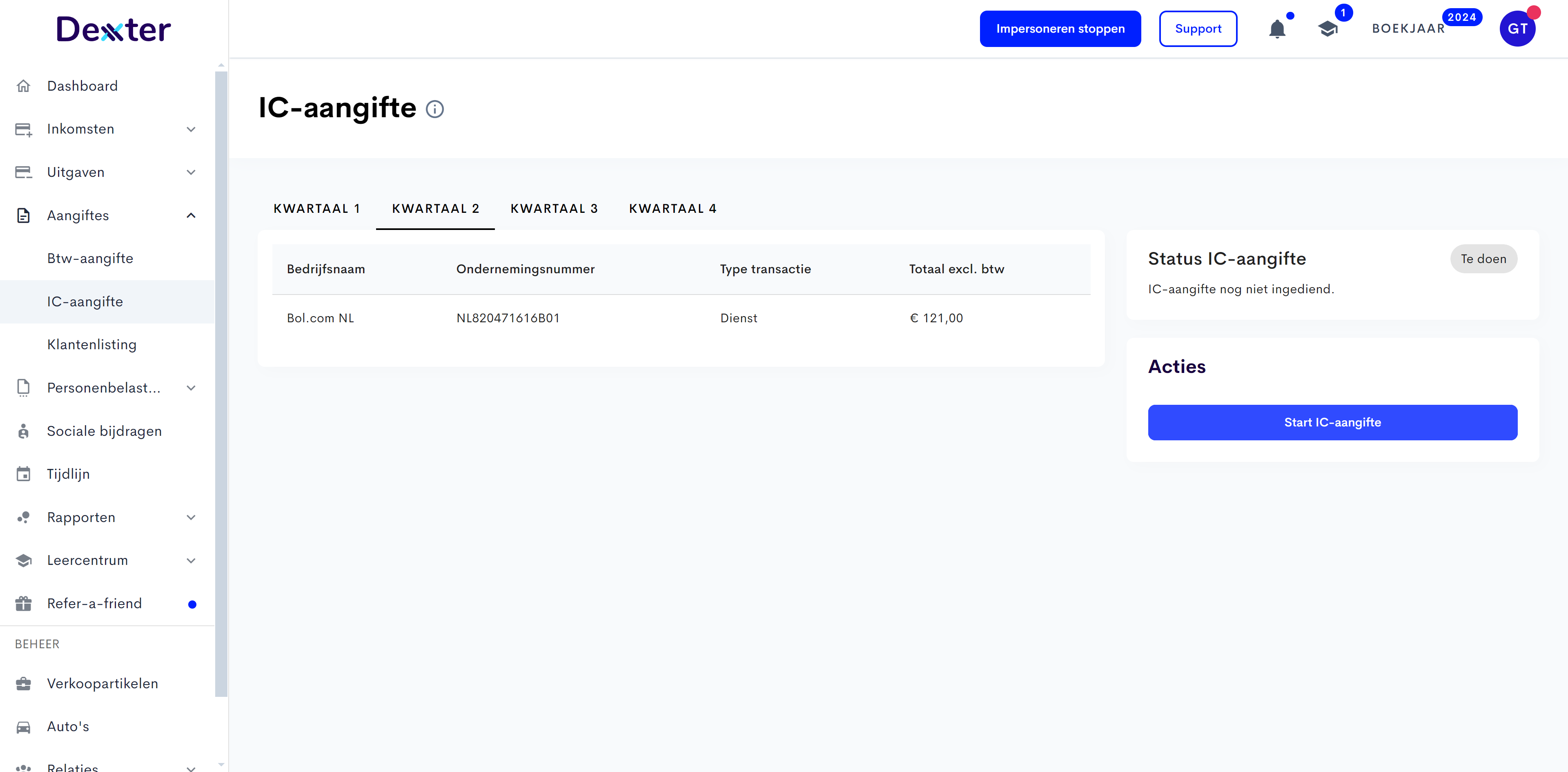 Meer info over de IC-aangifte? Klik gerust op het info-icoon.

Een lege IC-listing? Dan moet je niets indienen. 

Staat er minstens één klant op je IC-listing? Dan komt de deadline ook in je Dexxter-tijdlijn te staan.