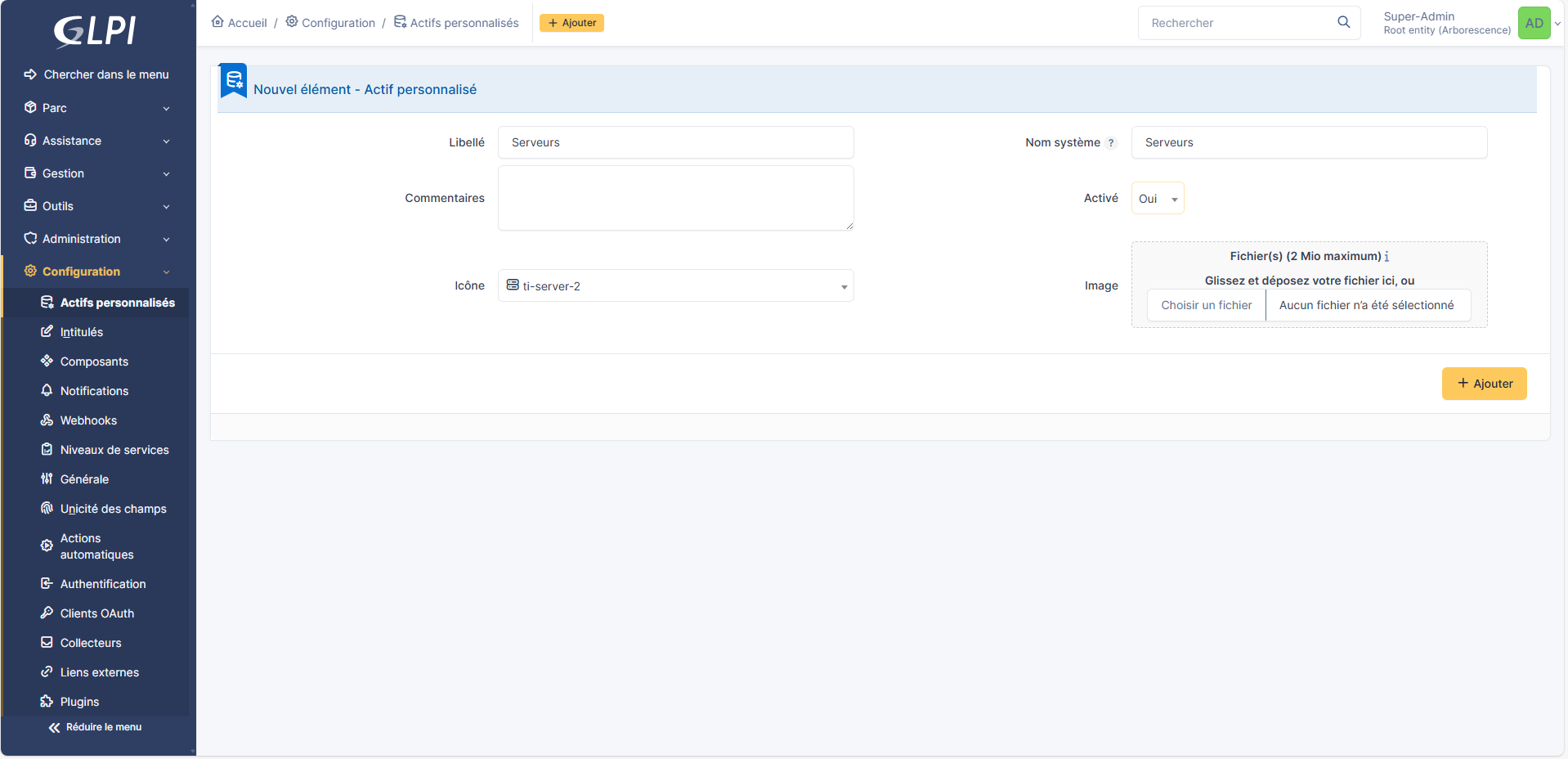 Grâce aux actifs personnalisés, il est désormais possible, nativement, de créer de nouveaux objets GLPI. 
Par exemple, vous pouvez désormais créer un objet serveur distinct de vos ordinateurs