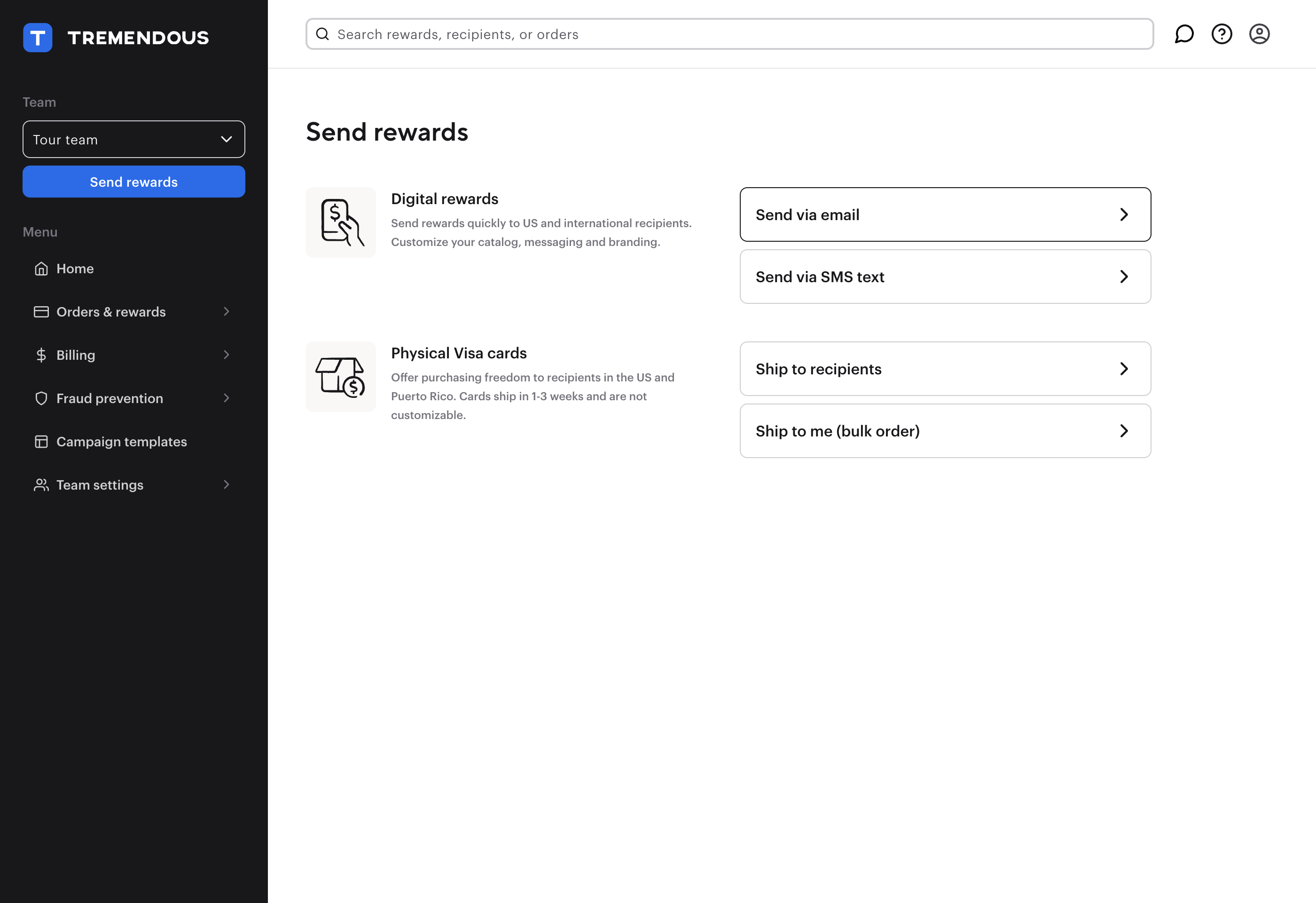 Select your delivery method: email (most popular), text message, link, or physical card.