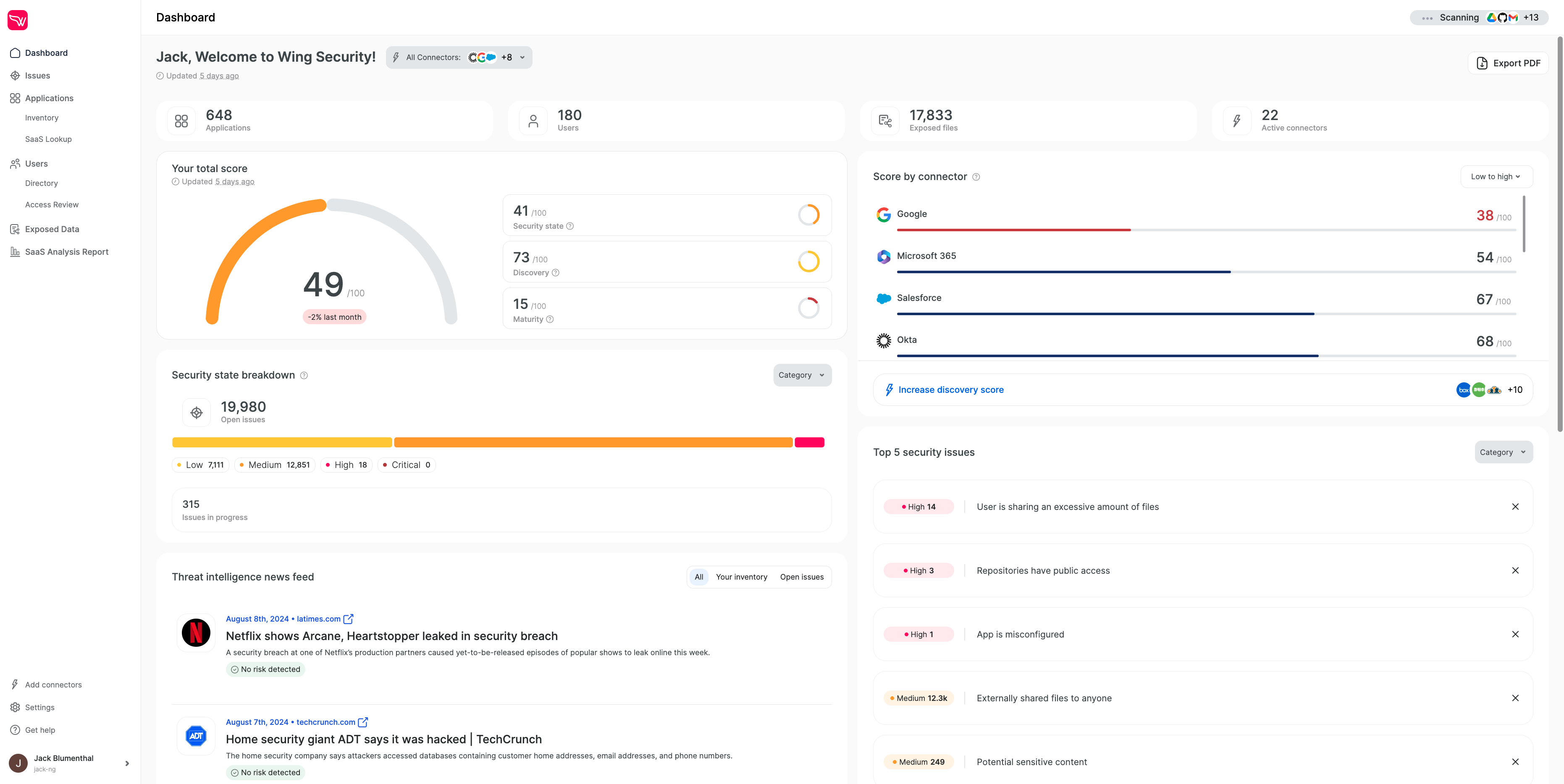 SaaS Pulse monitors over 40 critical vulnerabilities such as misconfigured apps, IAM inconsistencies, orphaned accounts and more.

Here you receive the top security risks prioritized with insights.