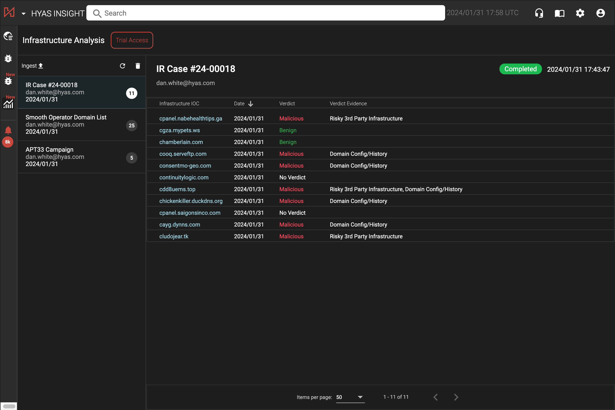 The Infrastructure Analysis feature allows for ingestion of potentially large datasets of IP addresses and domains to quickly understand risk.