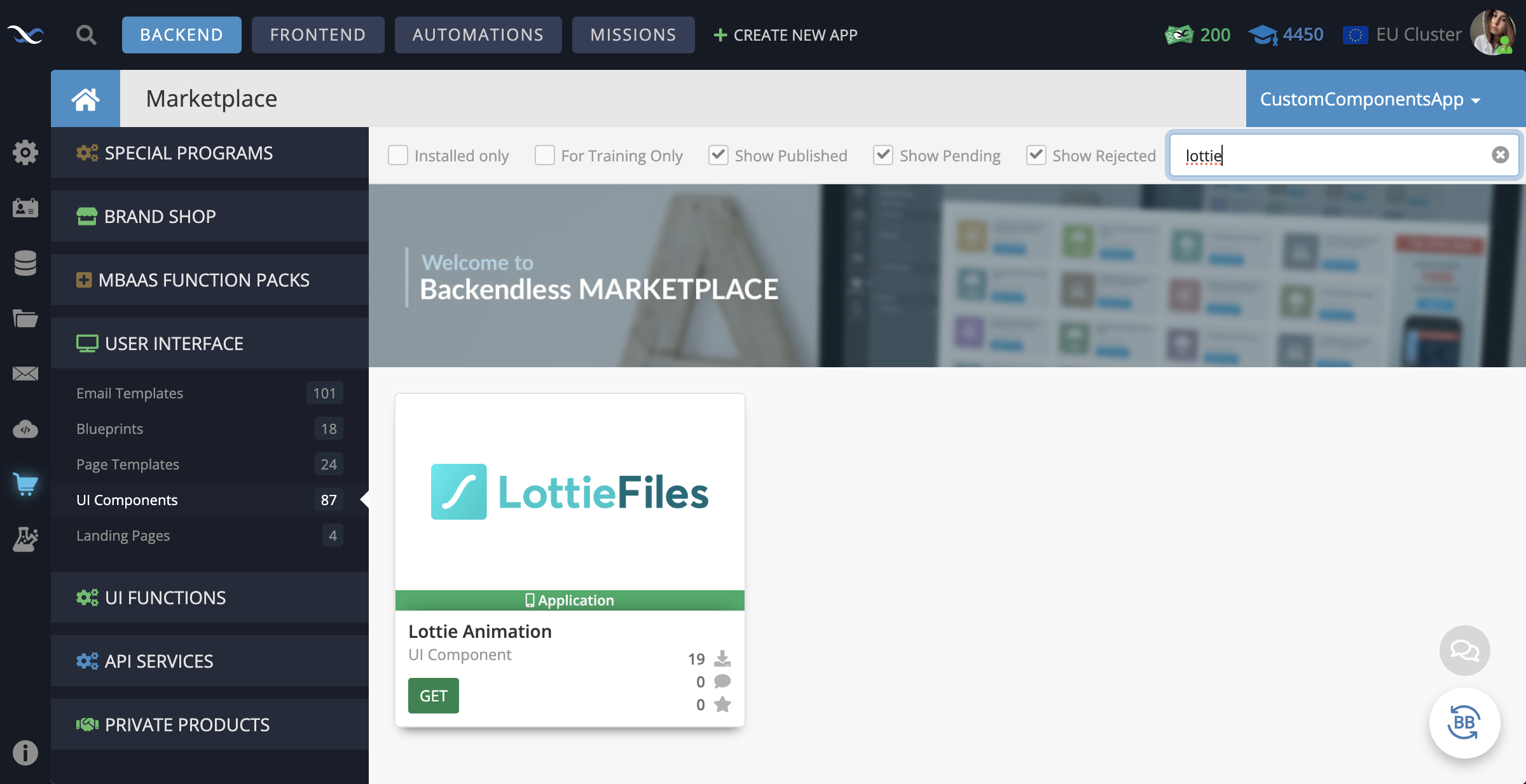 In your Backendless App, go to the Marketplace -> User Interface tab and install the Lottie Animation component