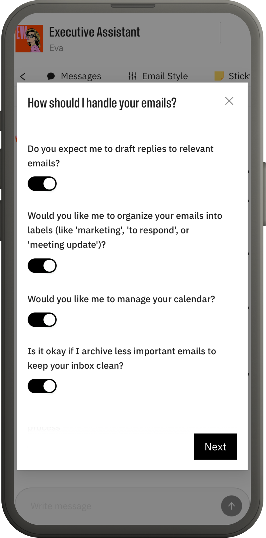 Eva writes draft replies, sorts emails, manages your calendar, and clears spam. You can toggle each action on or off.