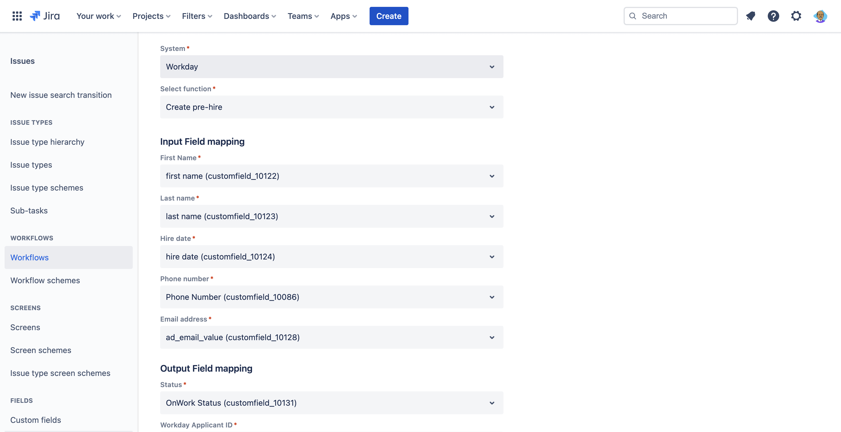 Select the application to establish the connection e.g Workday