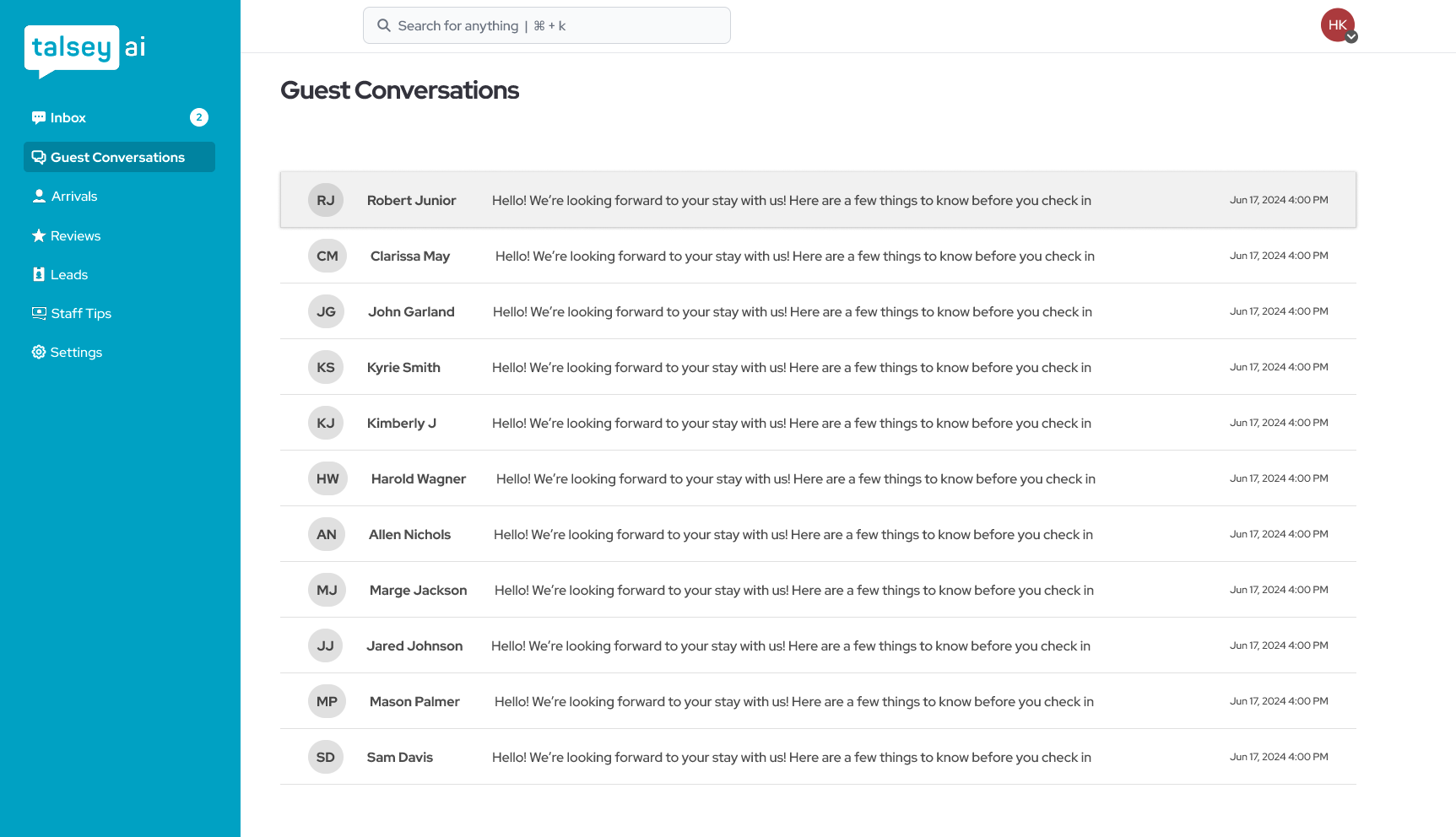 Talsey uses scheduled text messaging to make pre-arrival, mid-stay and post-stay messaging a breeze.