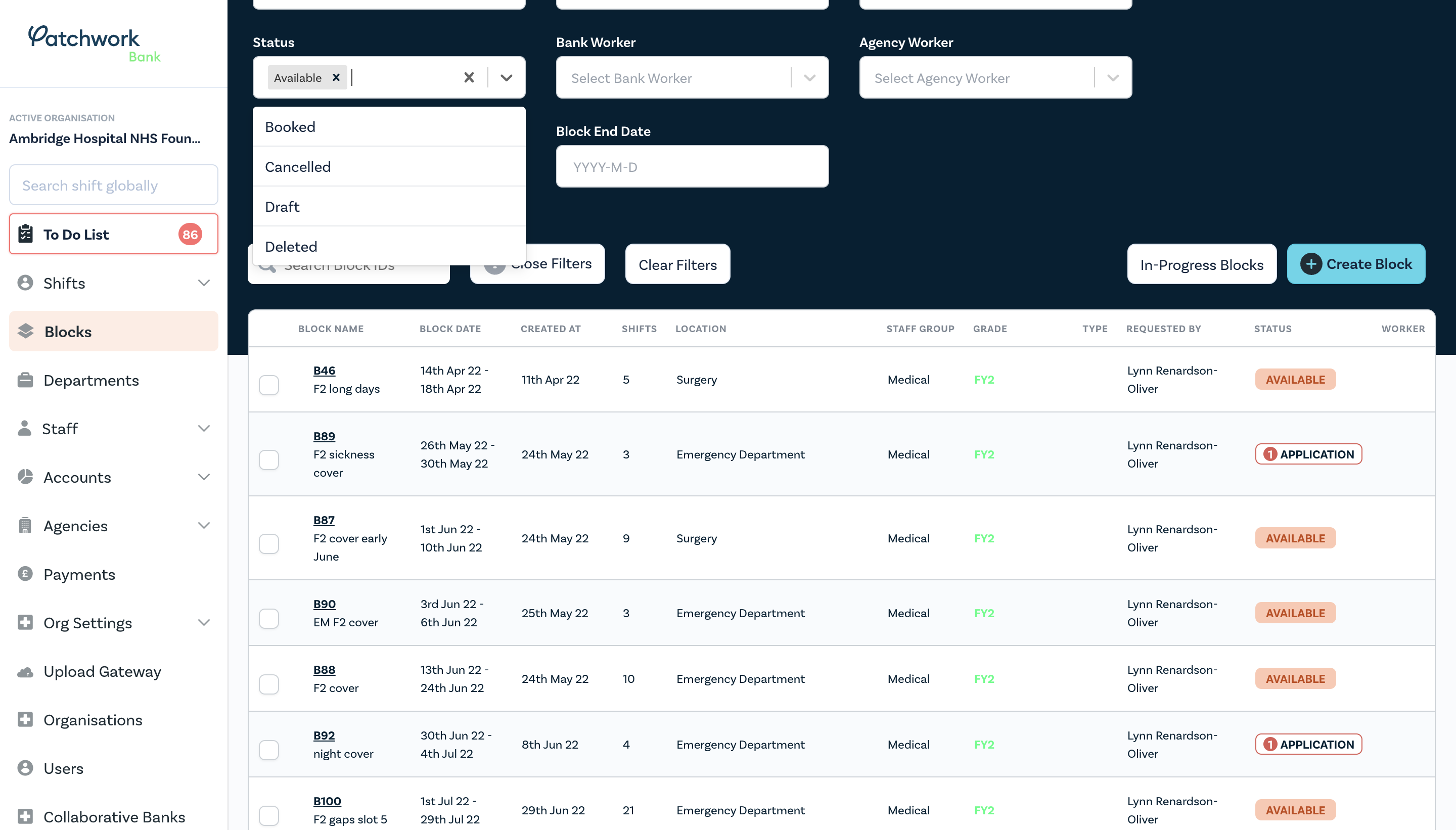 You can also filter by booked, cancelled, deleted or draft blocks. See 'Editing a Block' for further information on how to amend draft blocks. 